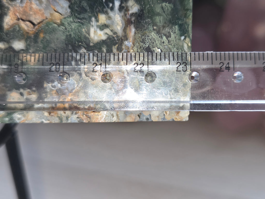 Large Crystal moss agate tower with imperfections as does not stand alone comes with stand