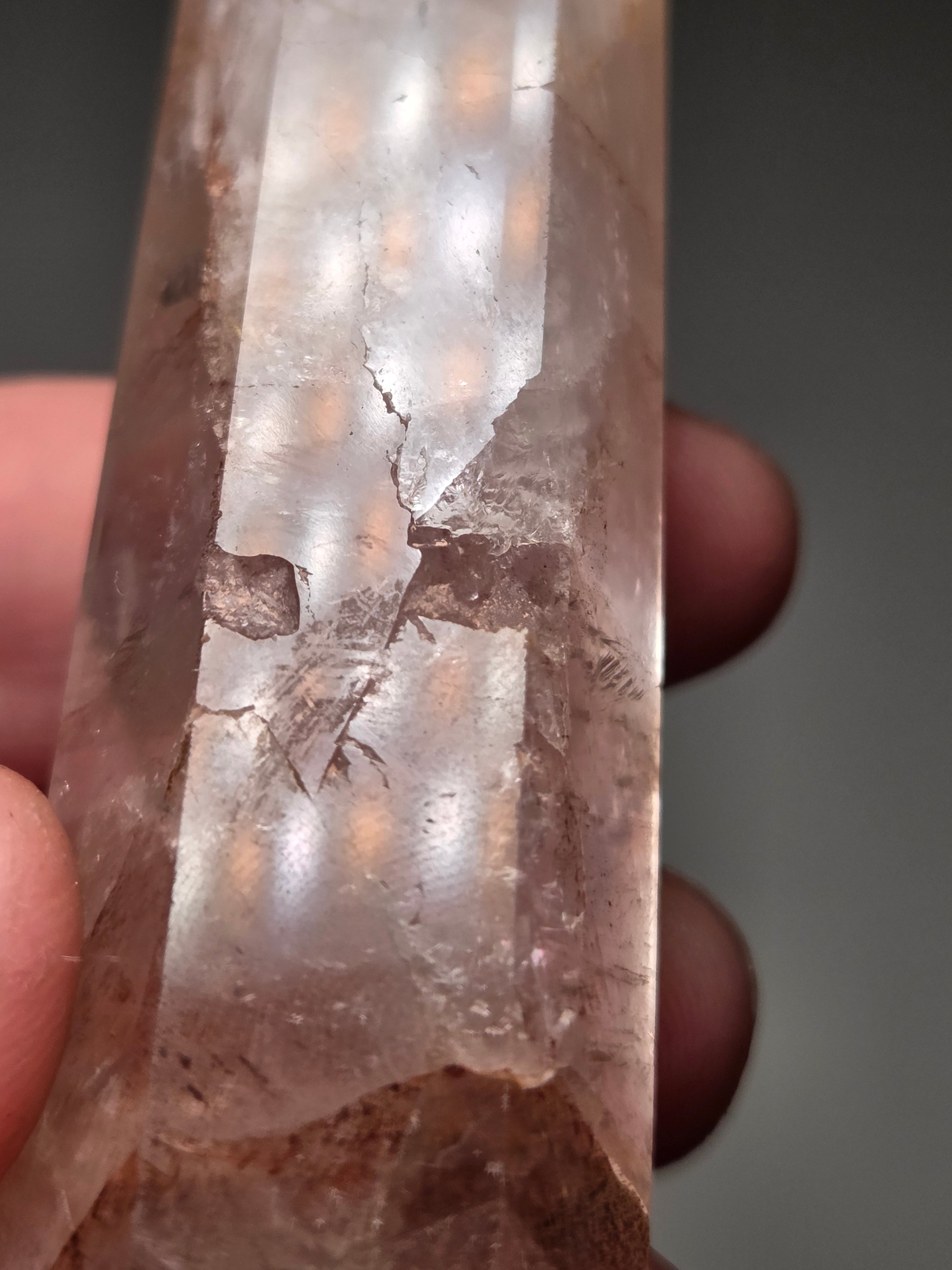 Fire quartz crystal tower with imperfections