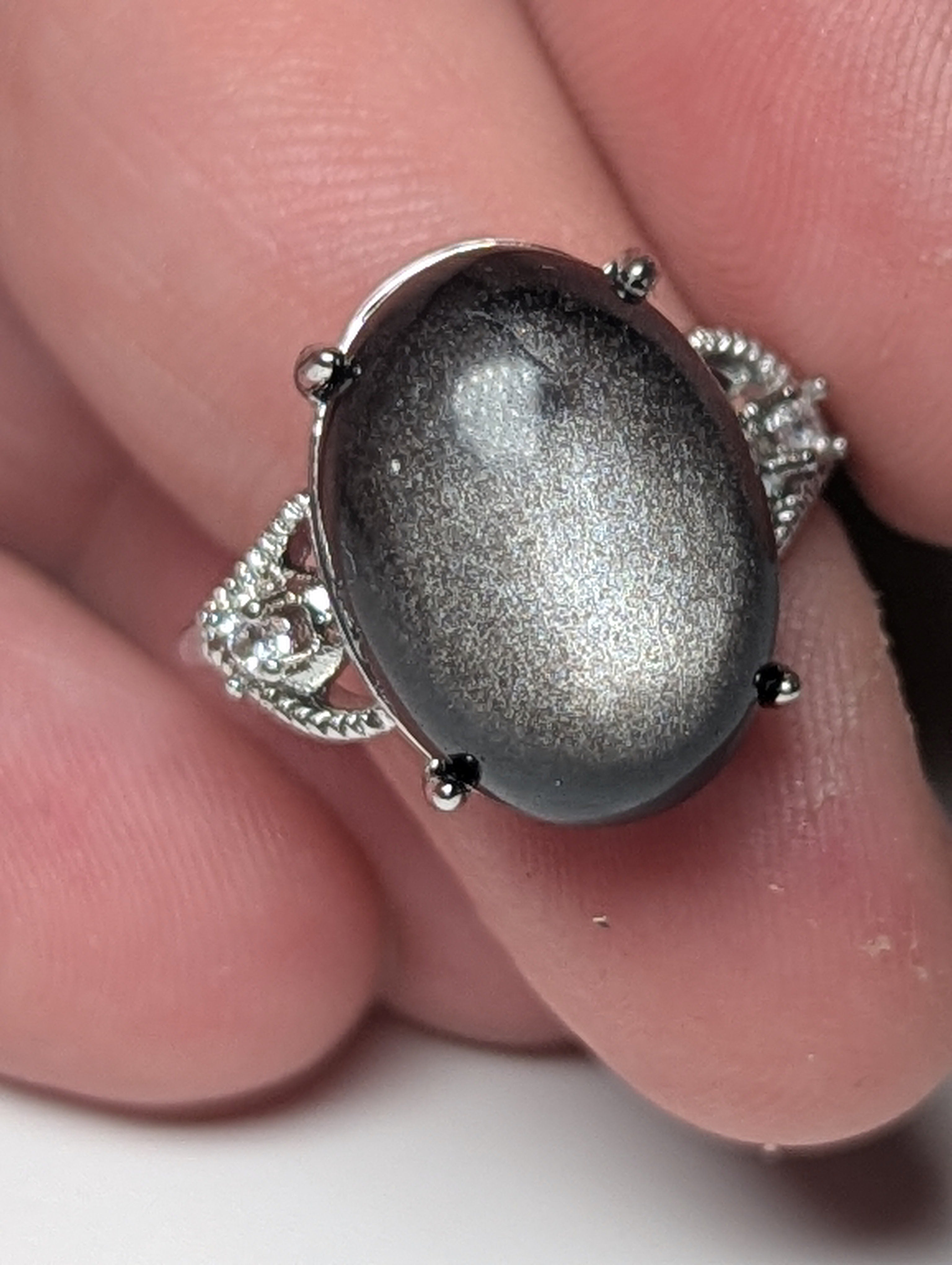 Silver sheen obsidian crystal adjustable ring
