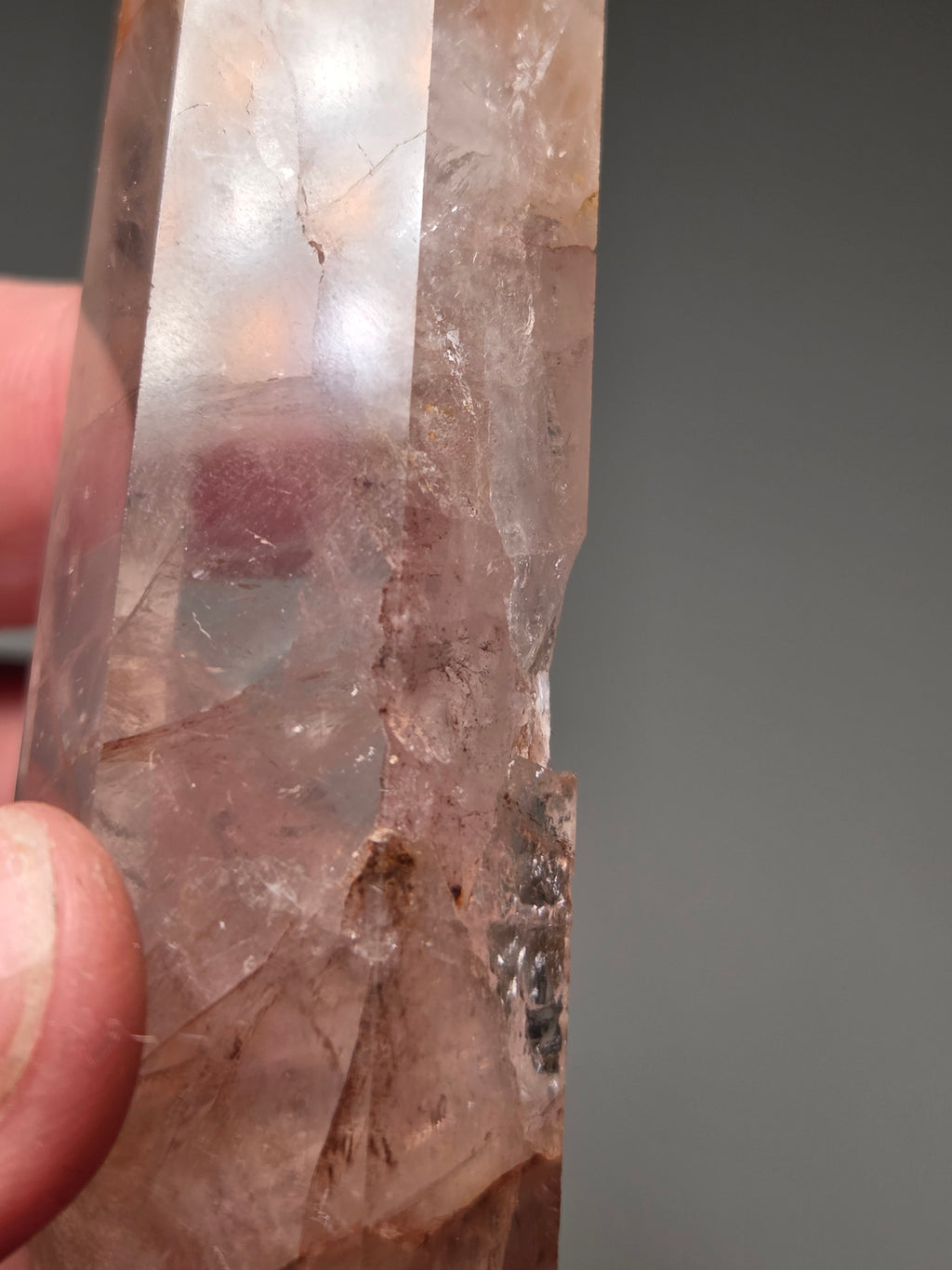 Fire quartz crystal tower with imperfections