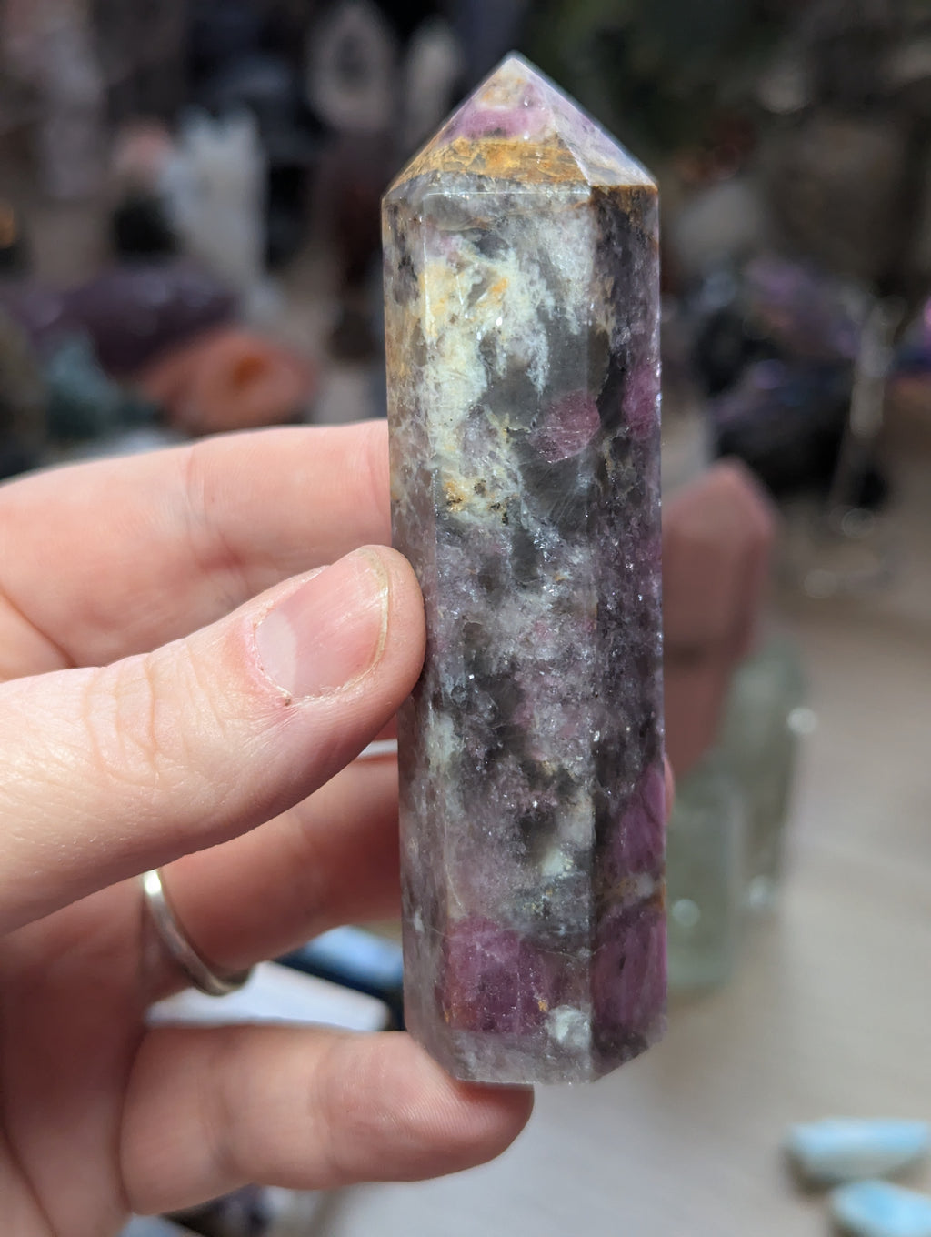 Unicorn stone crystal tower with lots of smokey quartz