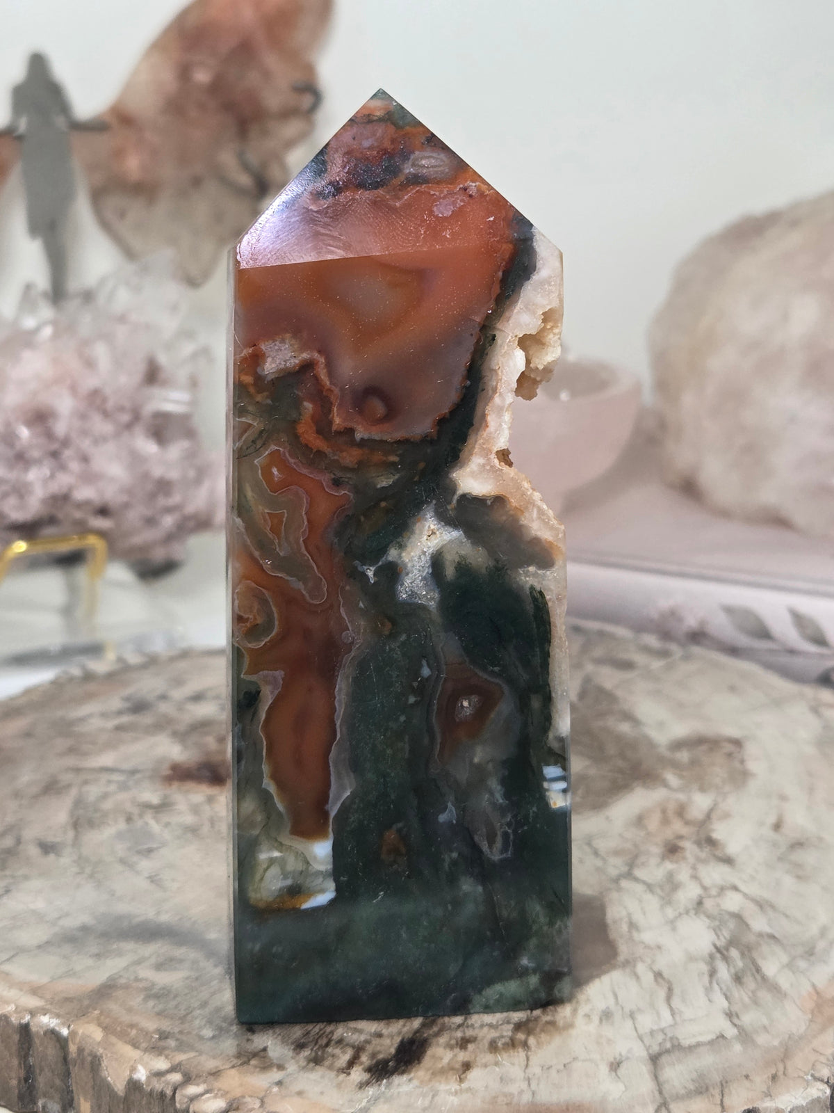 Red moss Agate crystal tower