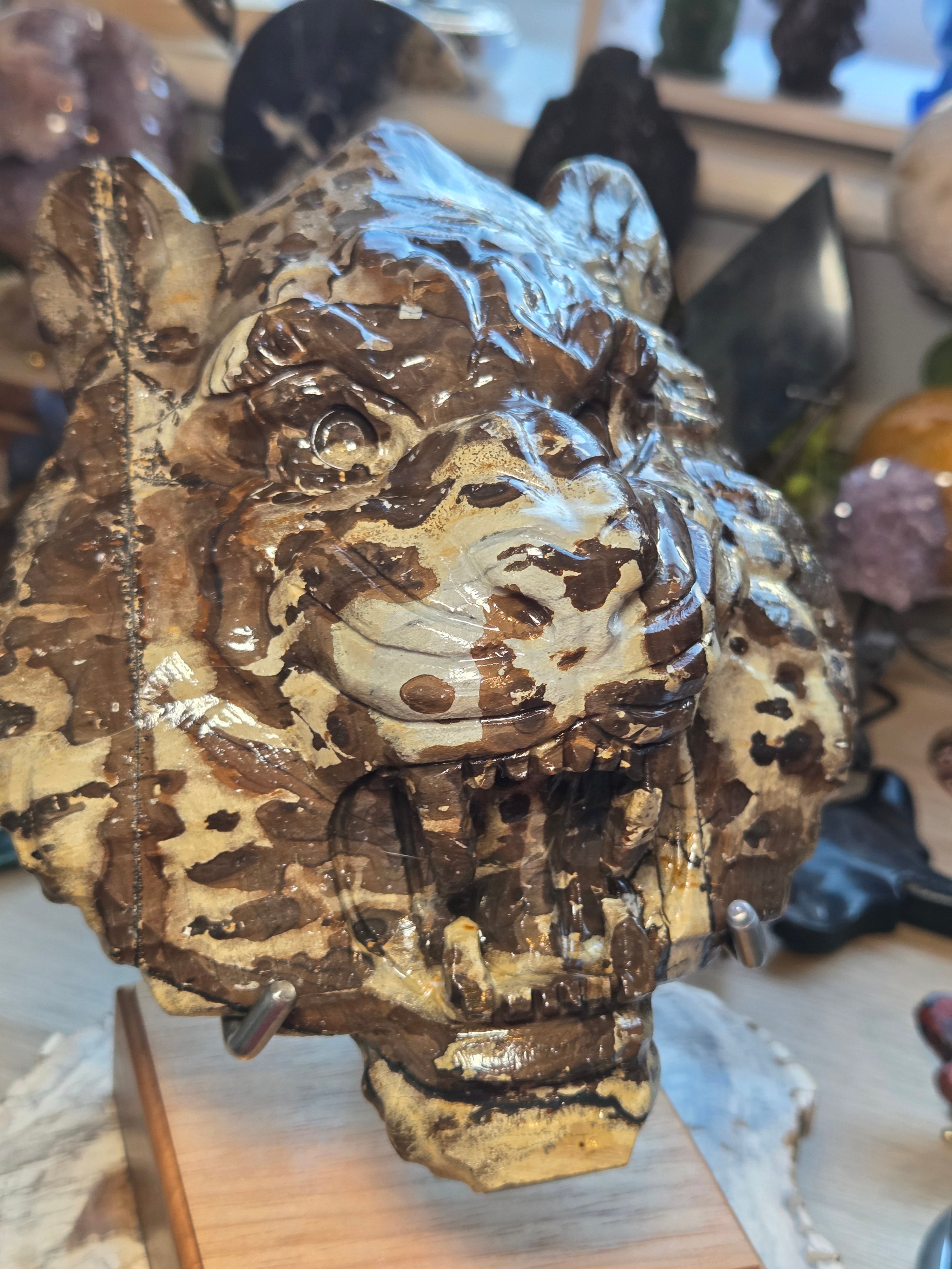 Amazing  Jasper Tiger head carving  with stand