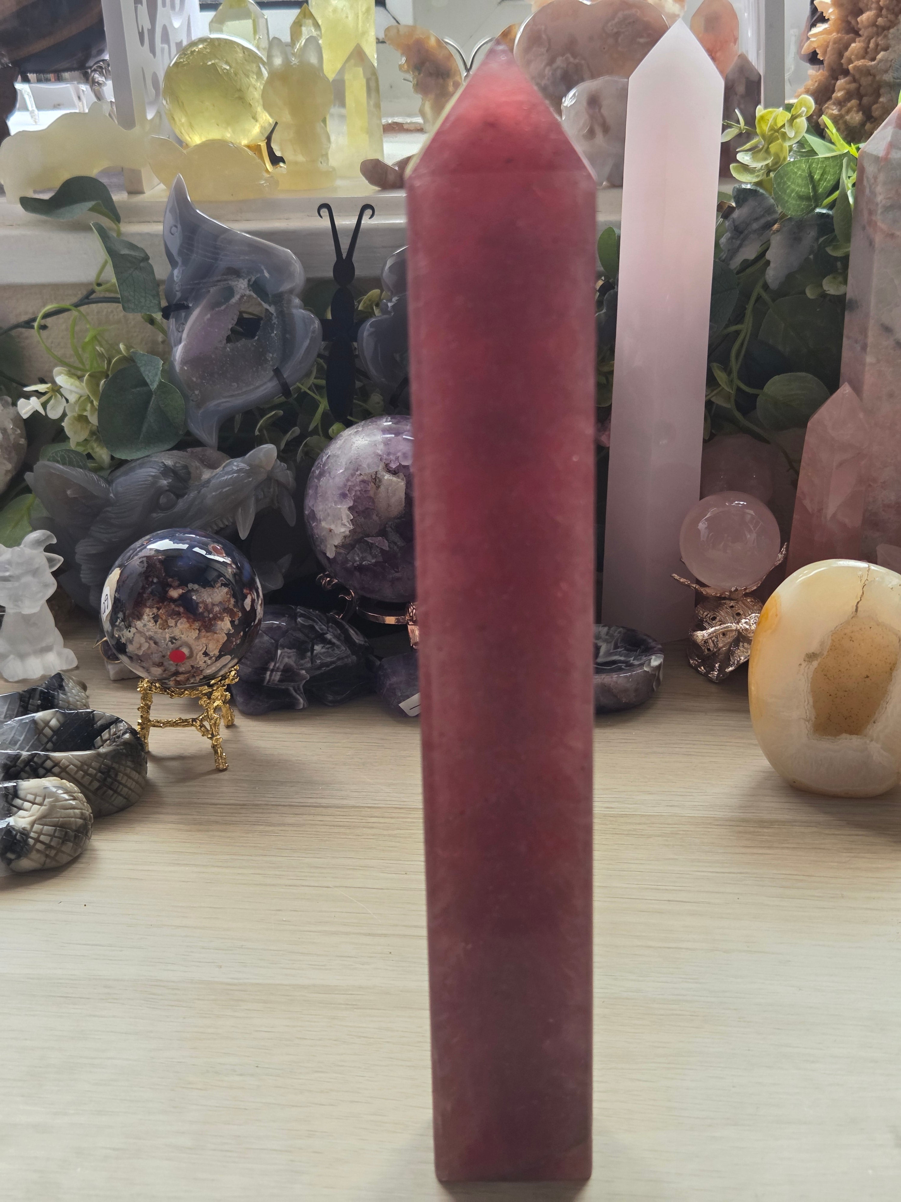 Xl strawberry quartz crystal tower carving