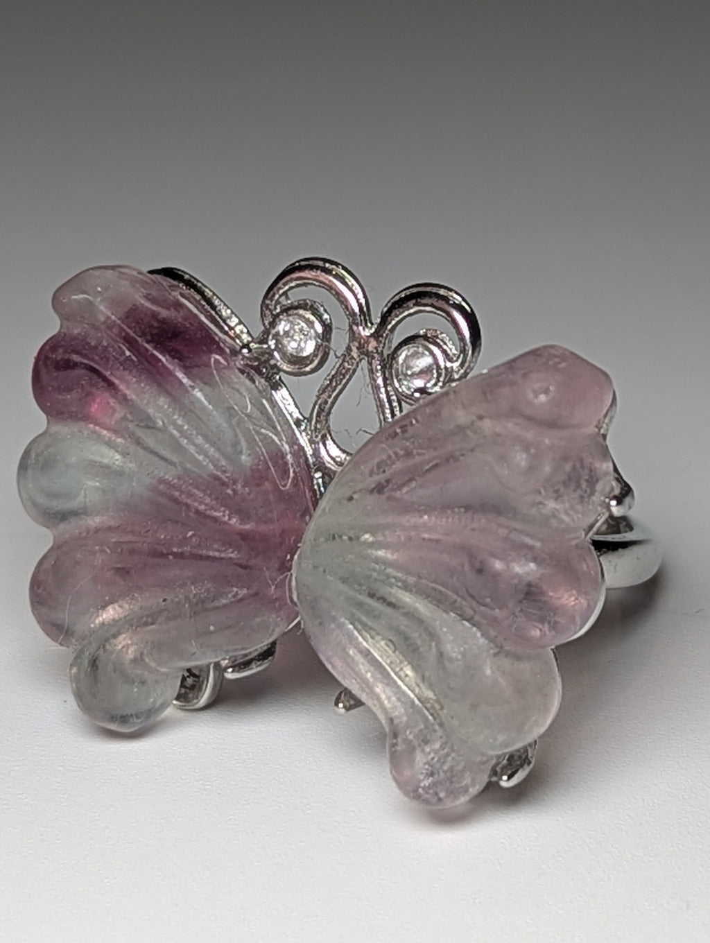 Flourite crystal butterfly carving Adjustable ring