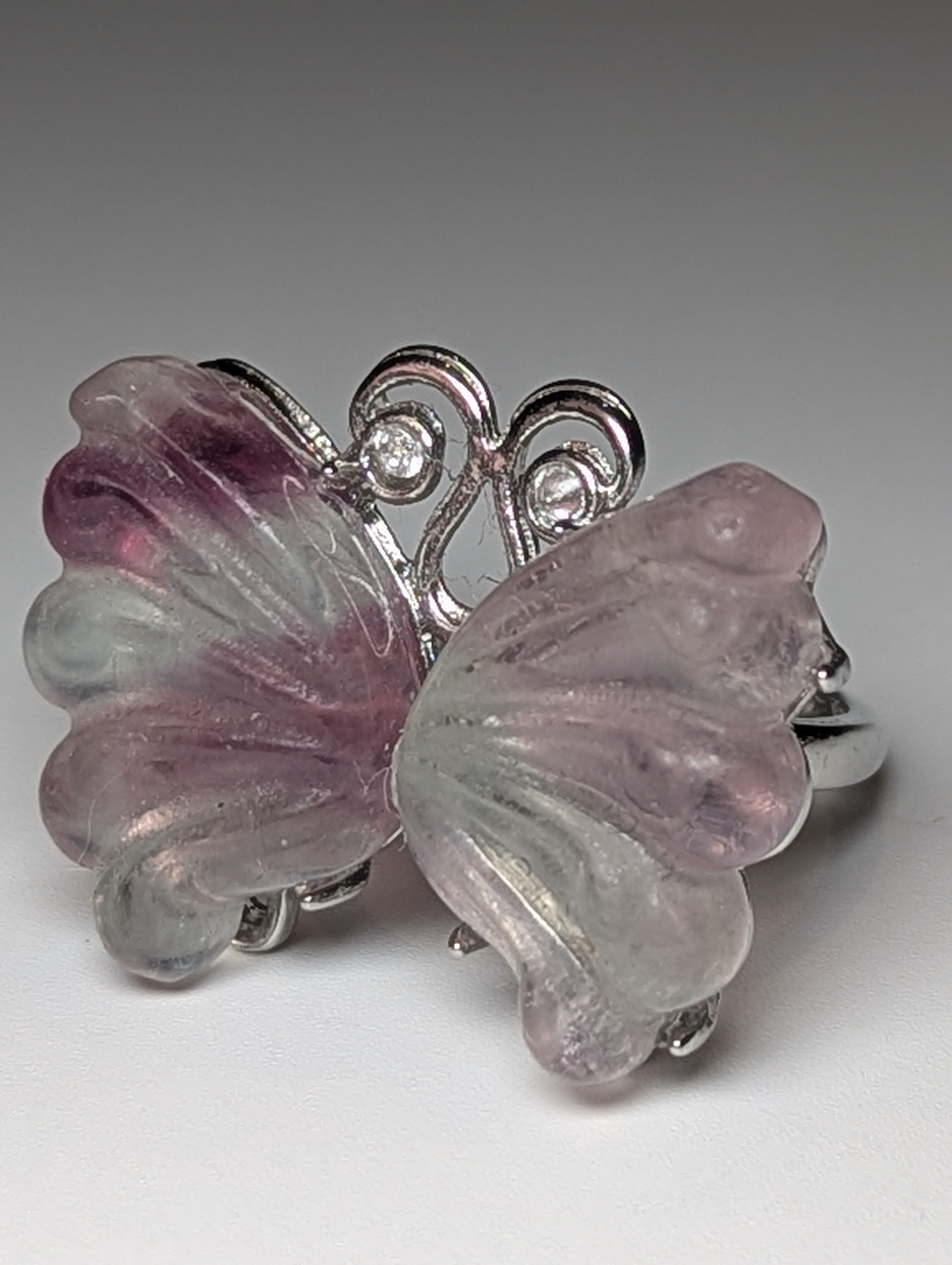 Flourite crystal butterfly carving Adjustable ring