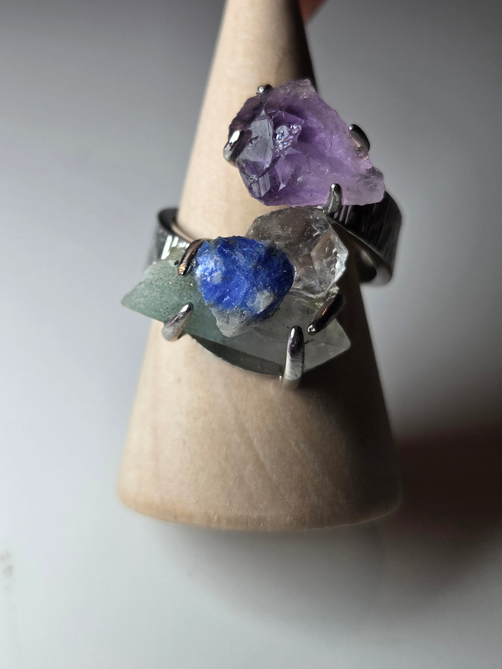 Specimen adjustable ring  amethyst garden quartz lapis lazuli and quartz