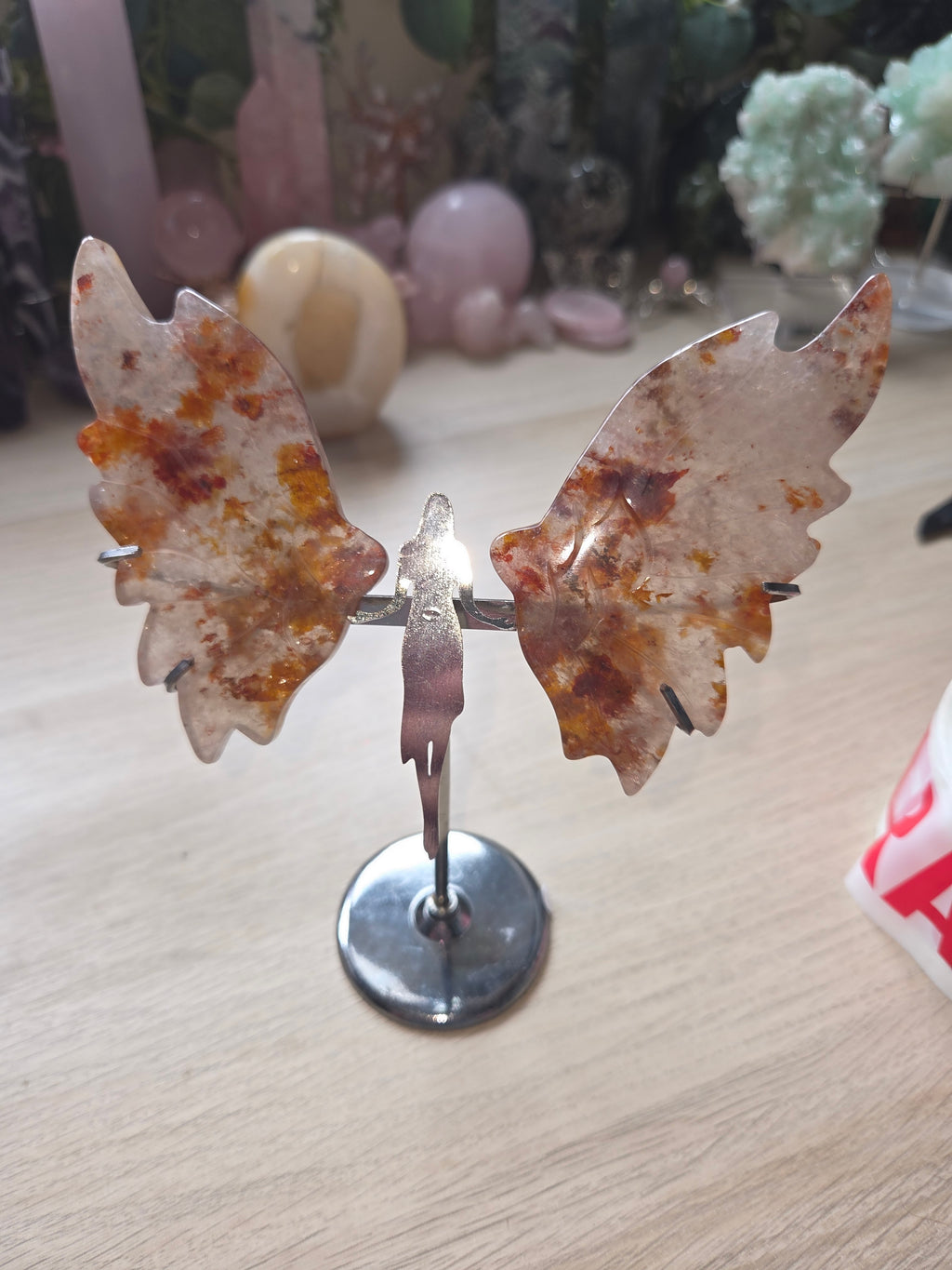 Fire quartz crystal Angel wings carving