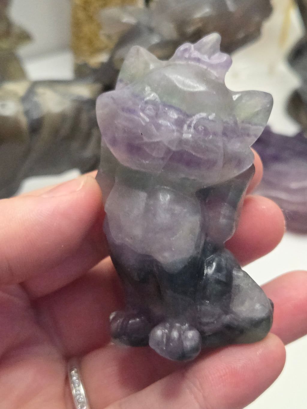 Rainbow flourite crystal Marie Cat carving