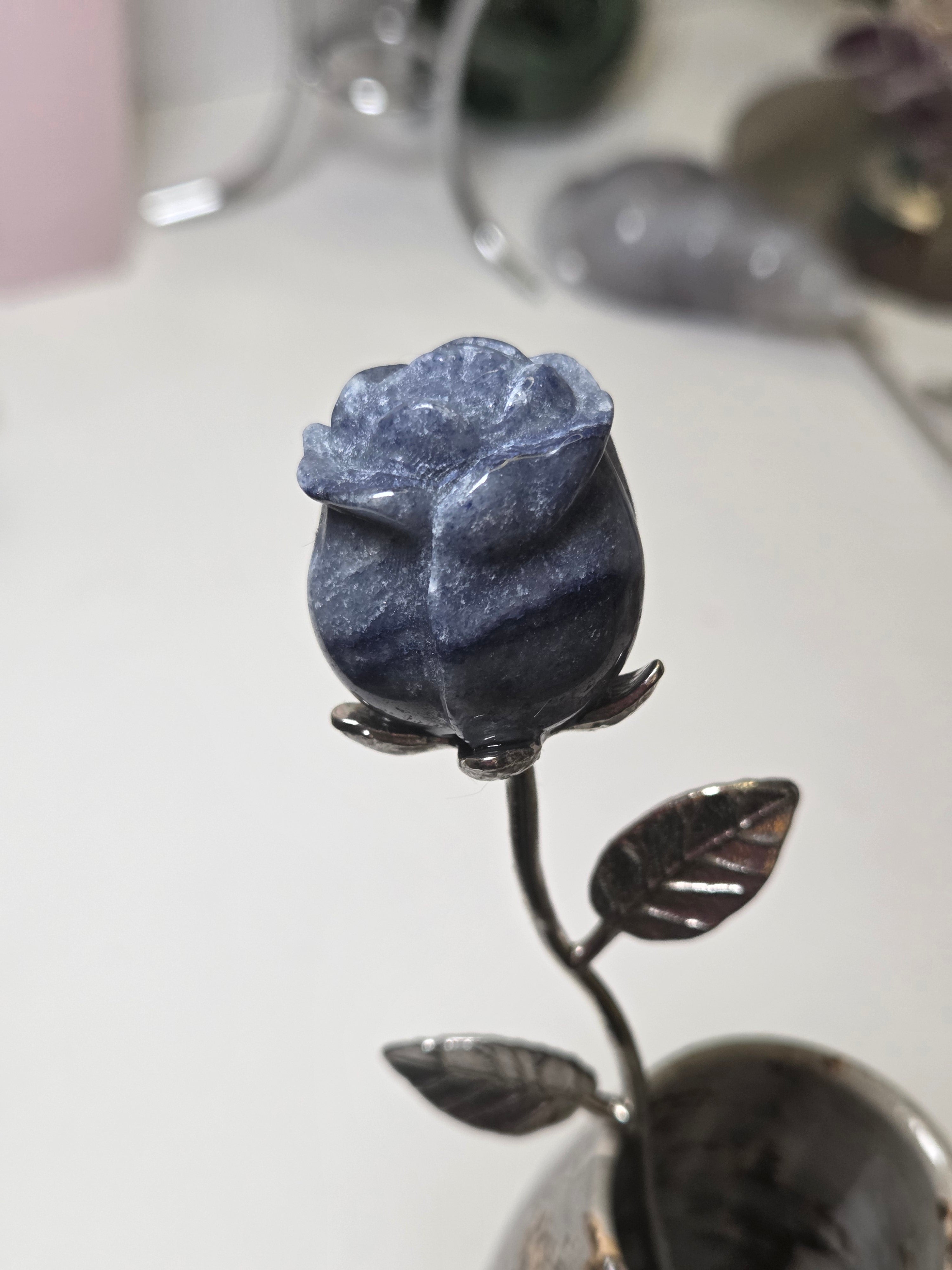 Blue Aventurine crystal rose carving on a stem