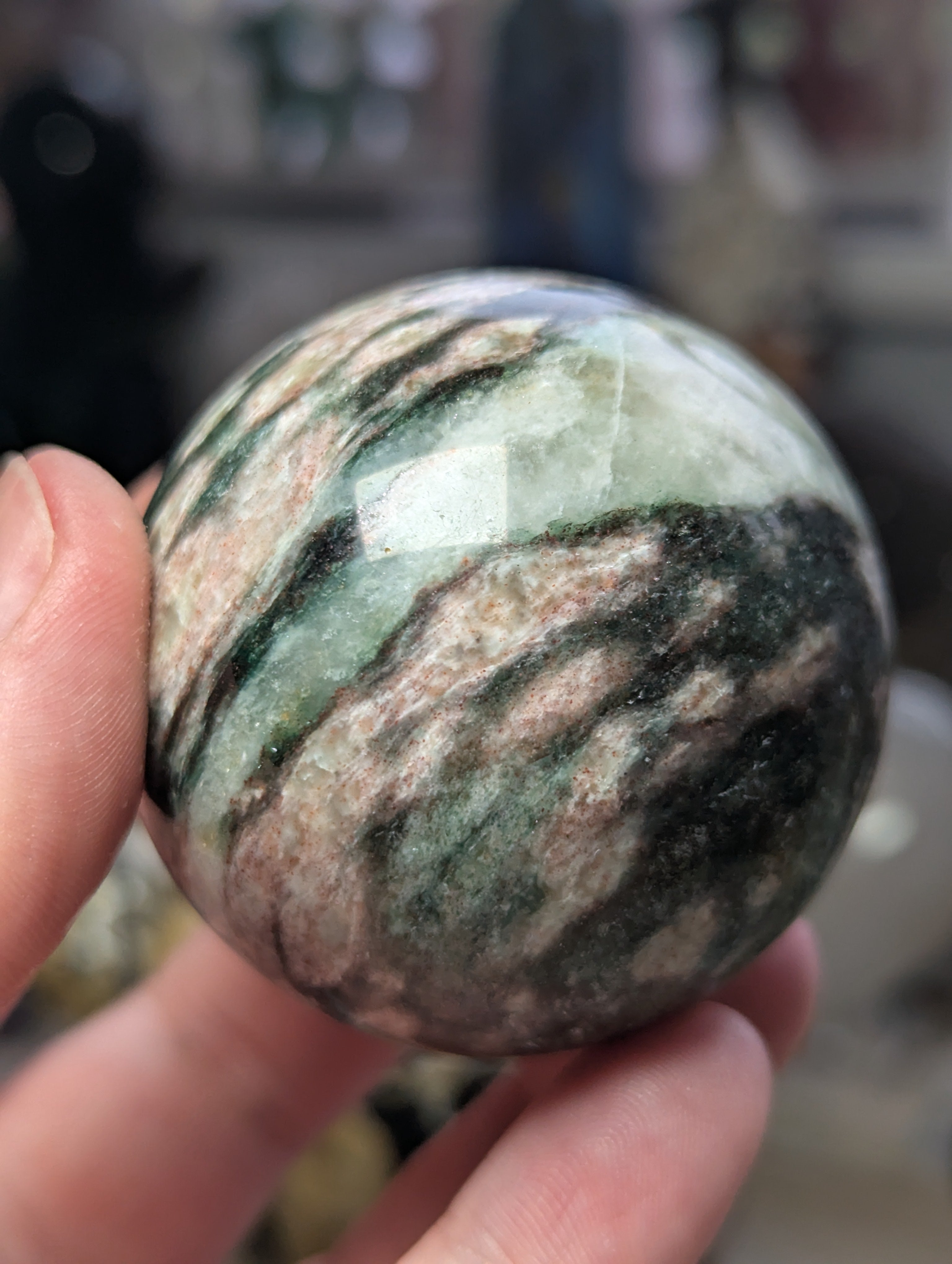 Green mica with plumb blossom tourmaline sphere 5cm