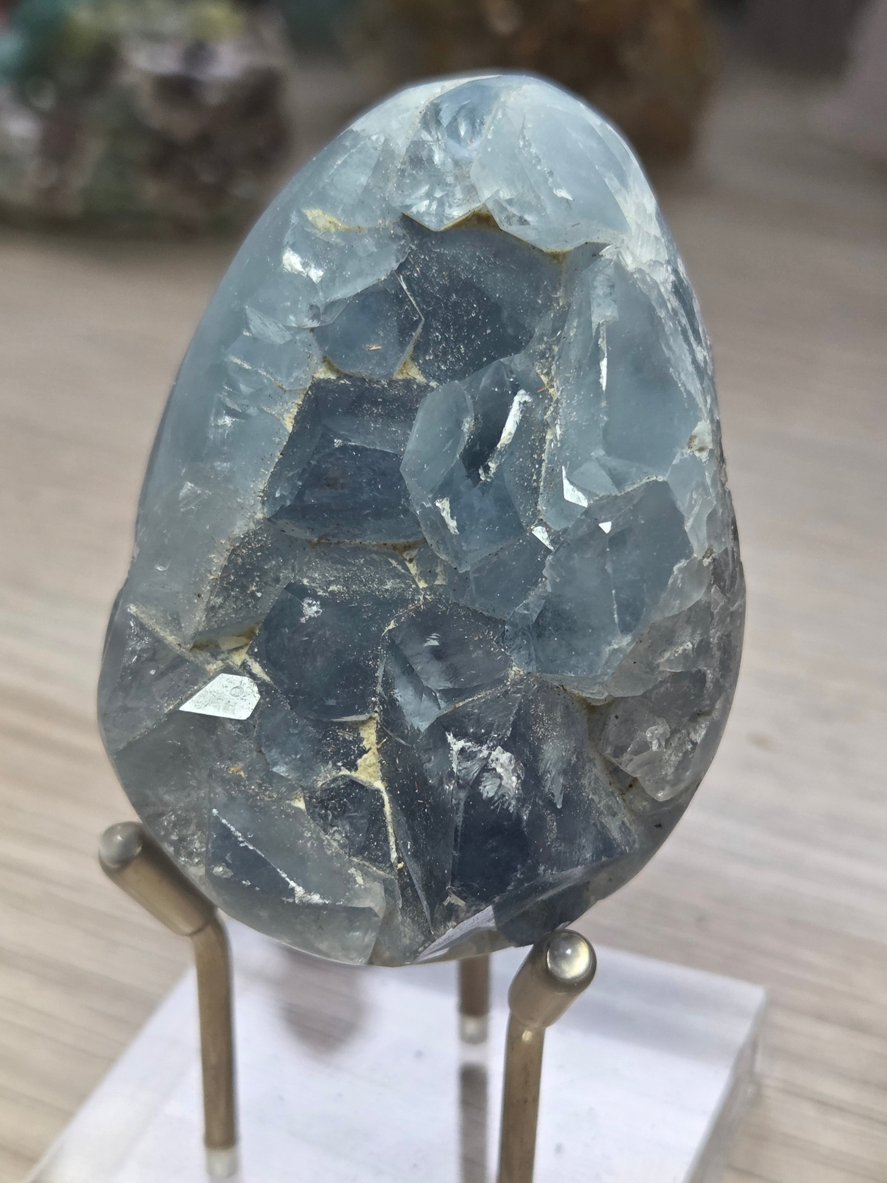 Blue celicite crystal egg carving specimen