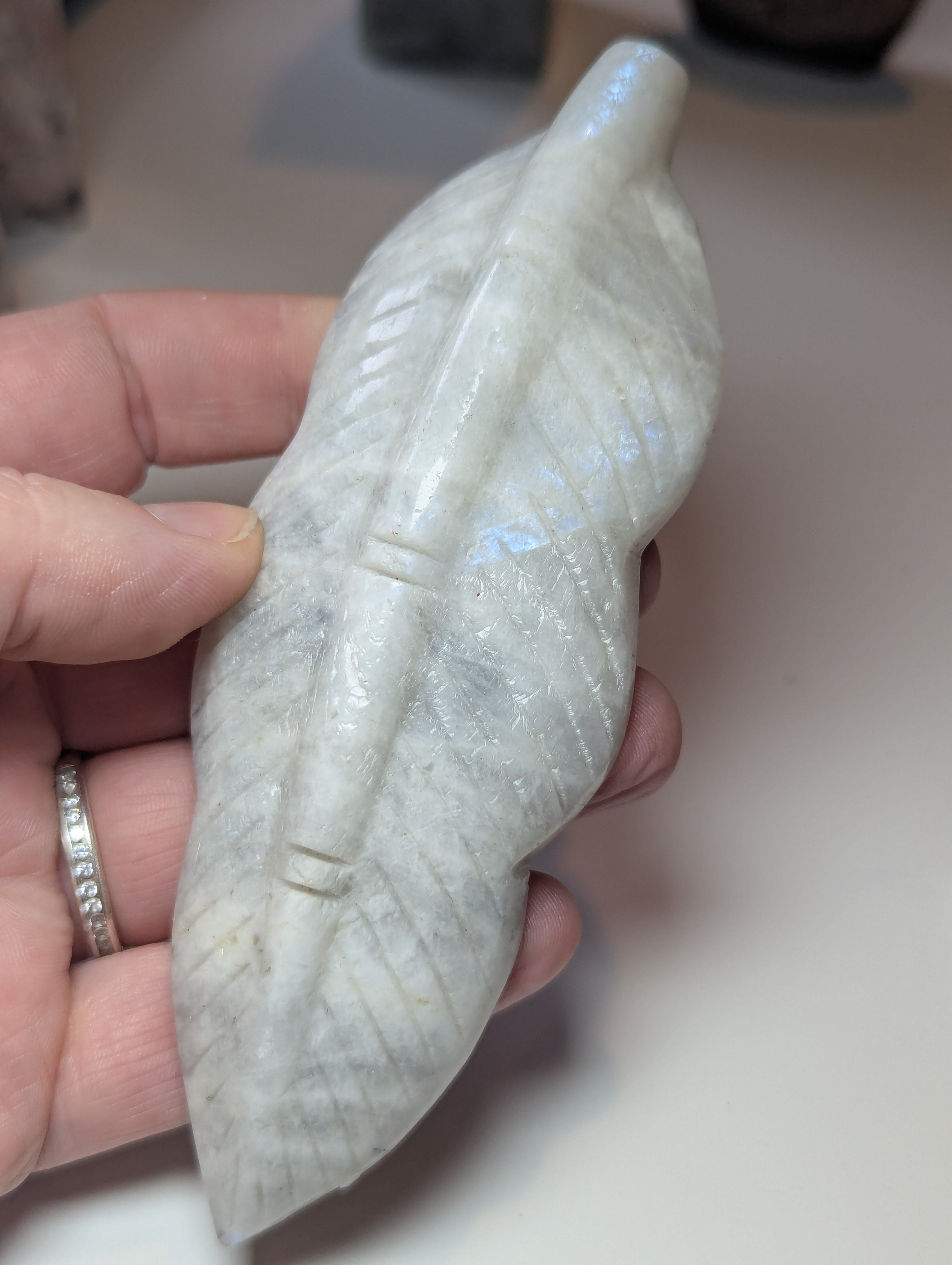 Rainbow moonstone crystal feather carving