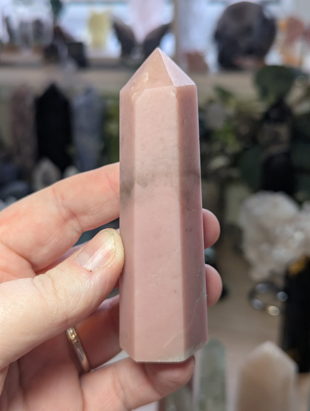 Pink opal crystal tower carving
