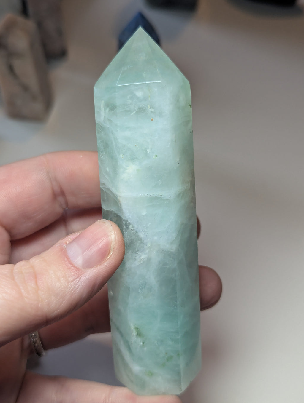 Green Flourite crystal tower carving