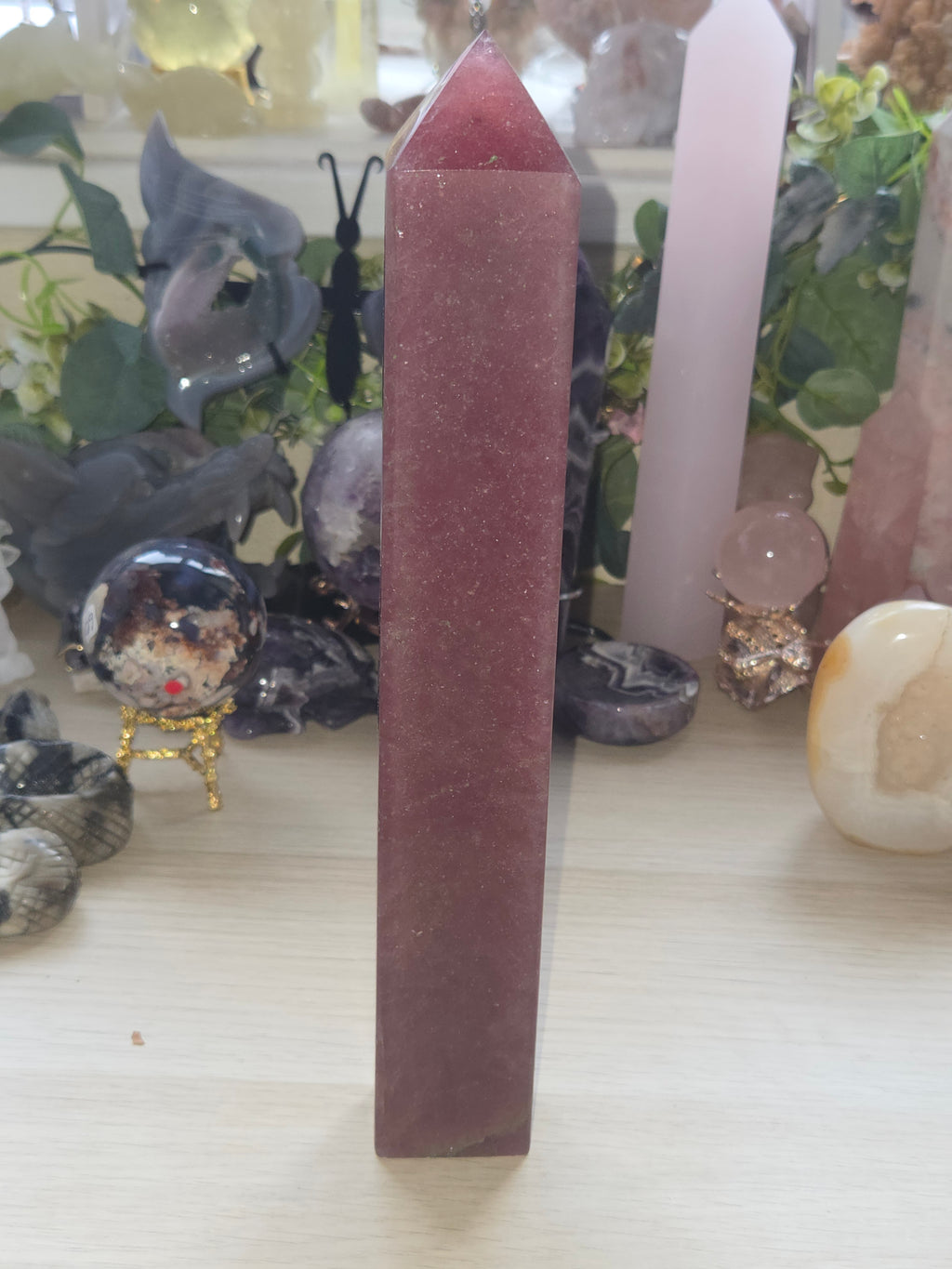 Xl strawberry quartz crystal tower carving