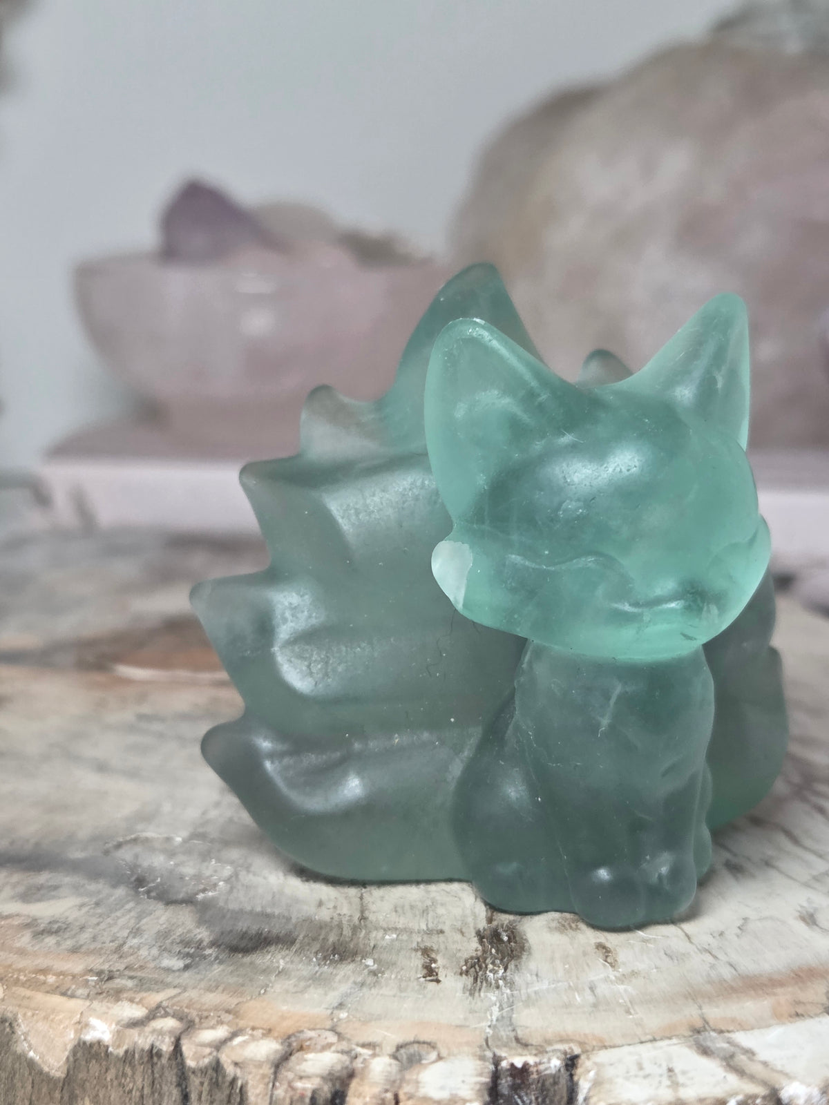 Green Fluorite crystal nine tail fox carving