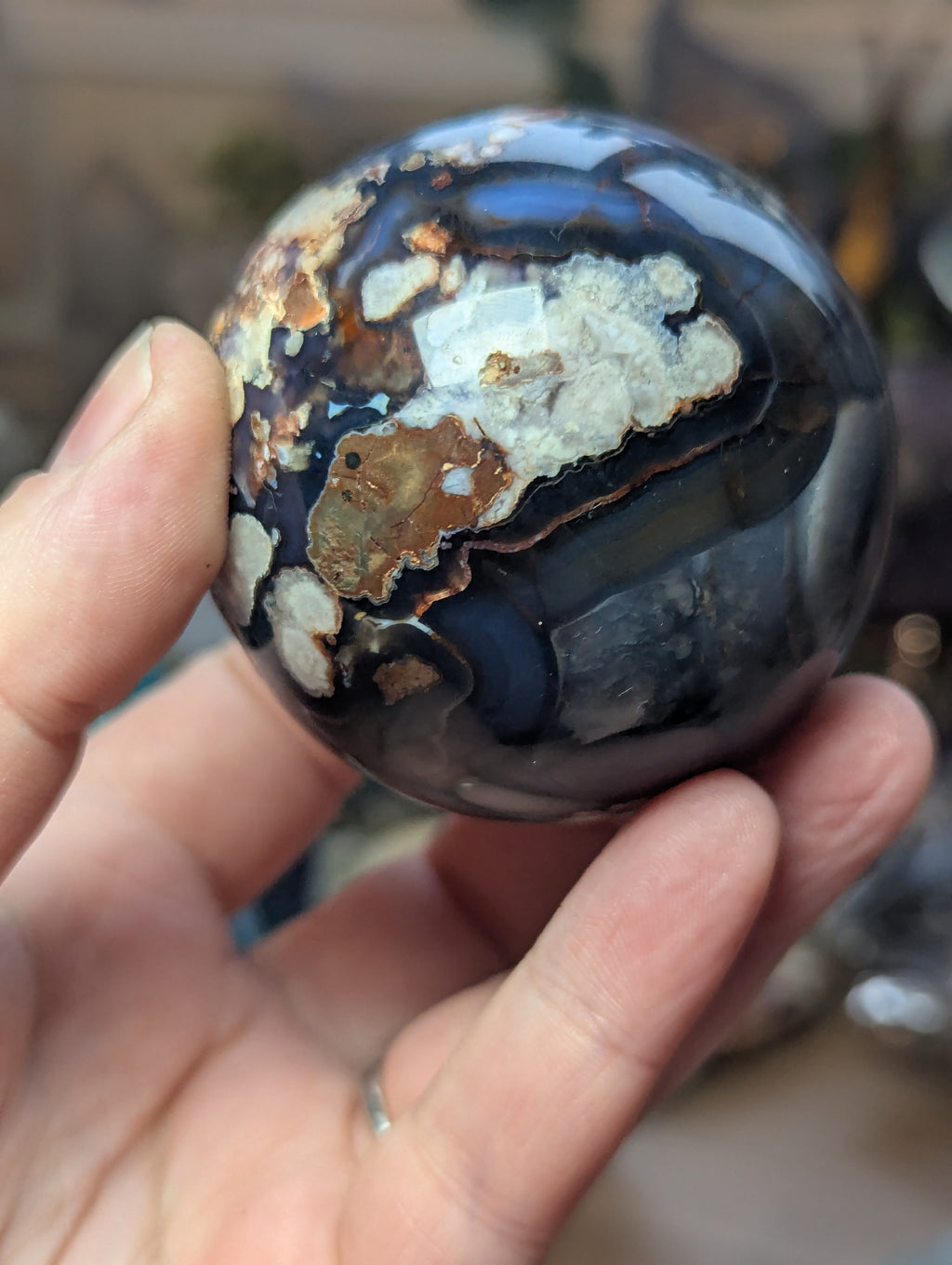 Blue  flower agate crystal sphere with stand