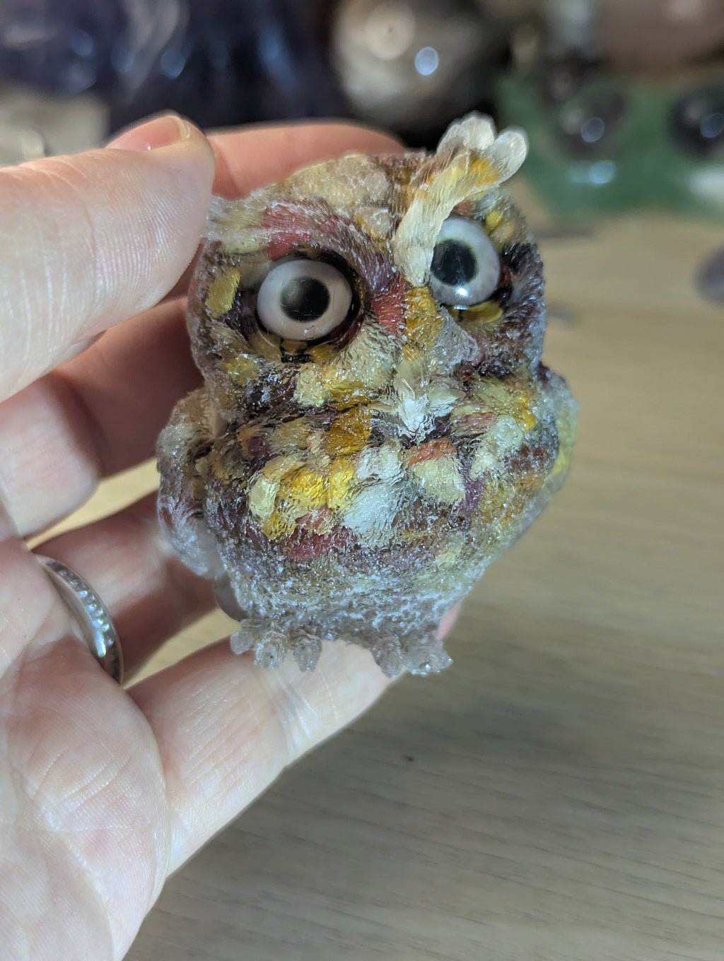 Mookaite crystal owl carving in Resin