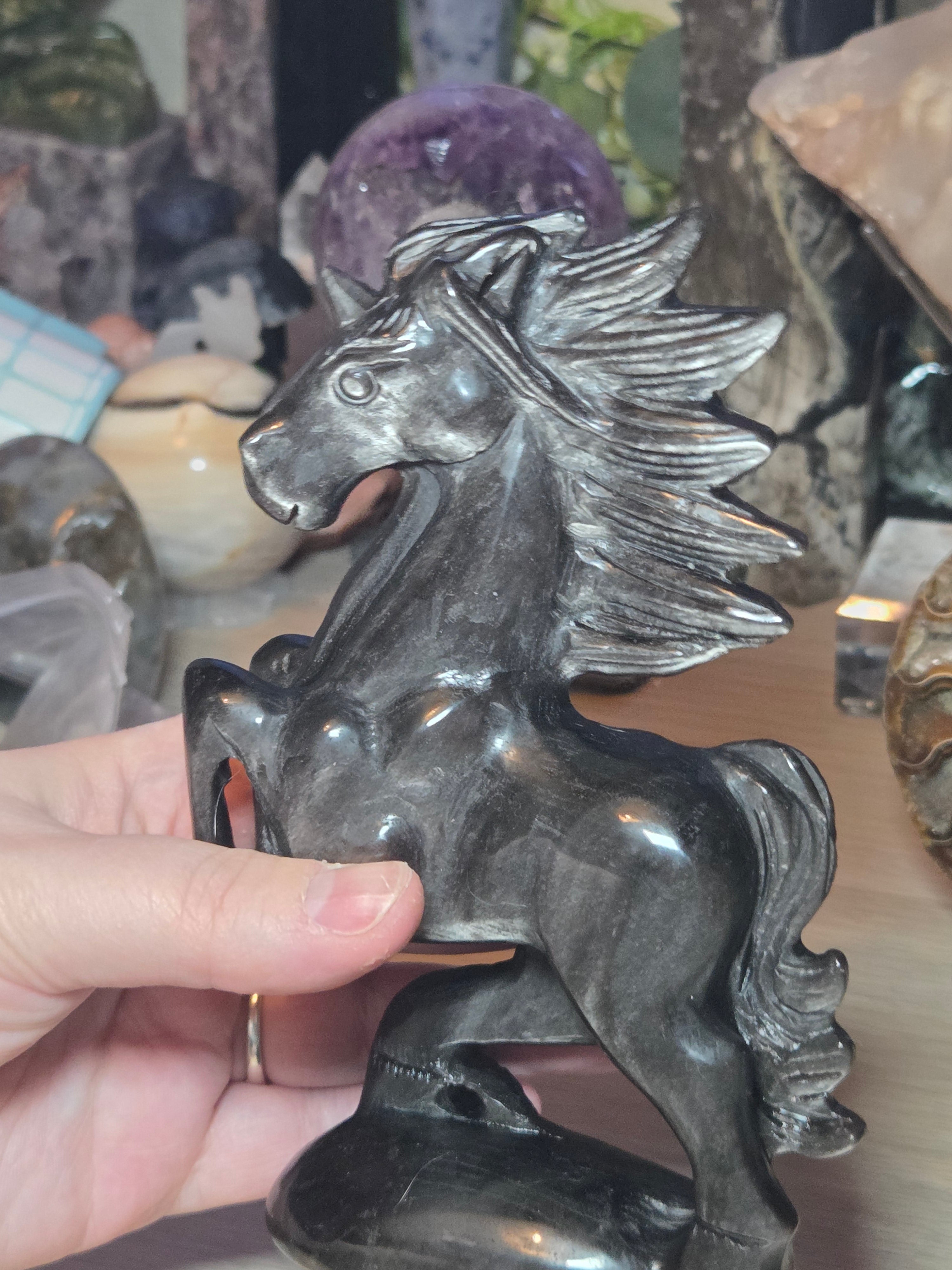 Silver sheen obsidian crystal horse carving