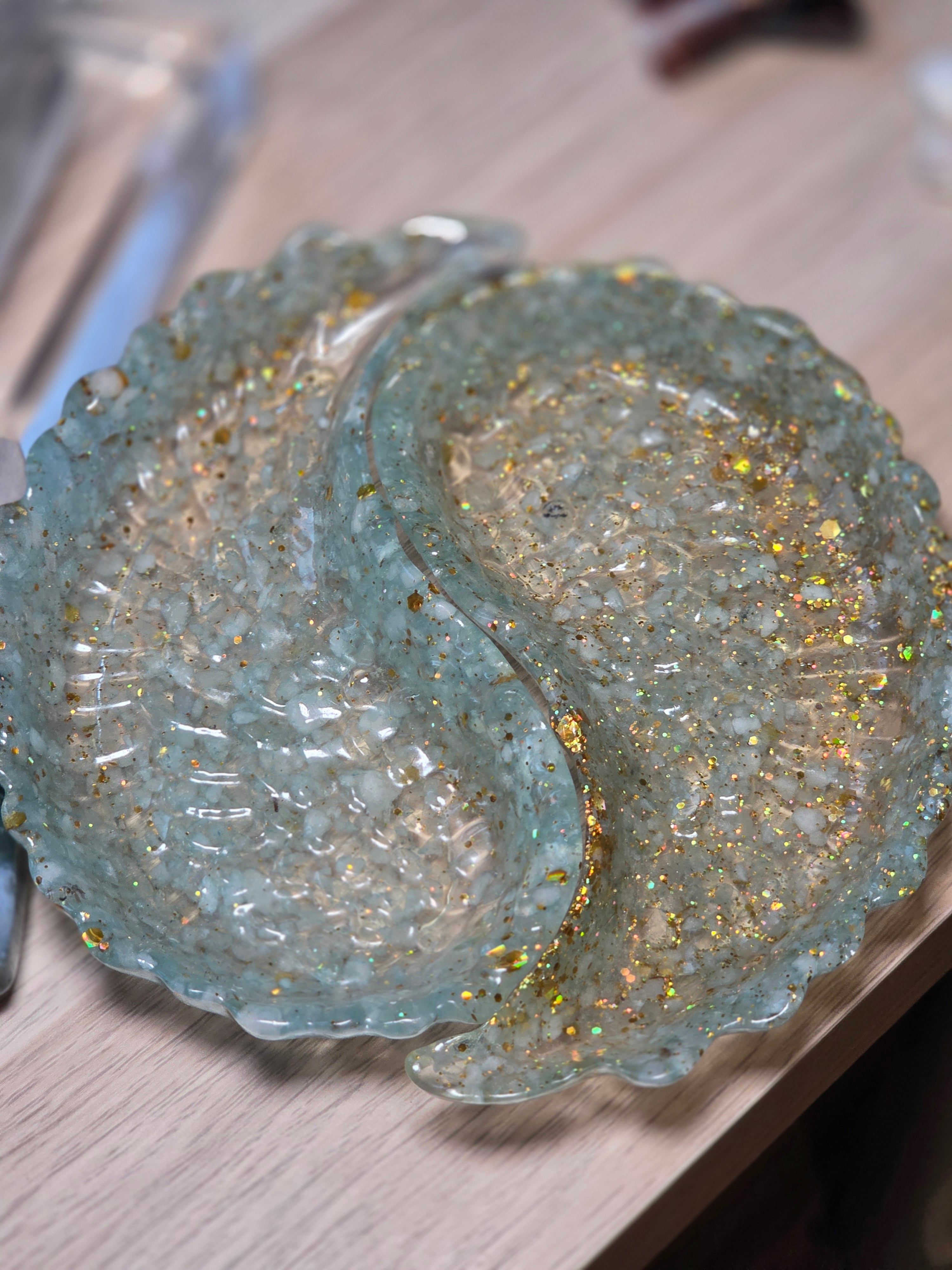 Aquamarine crystal  chips set in resin set of 2 bowls