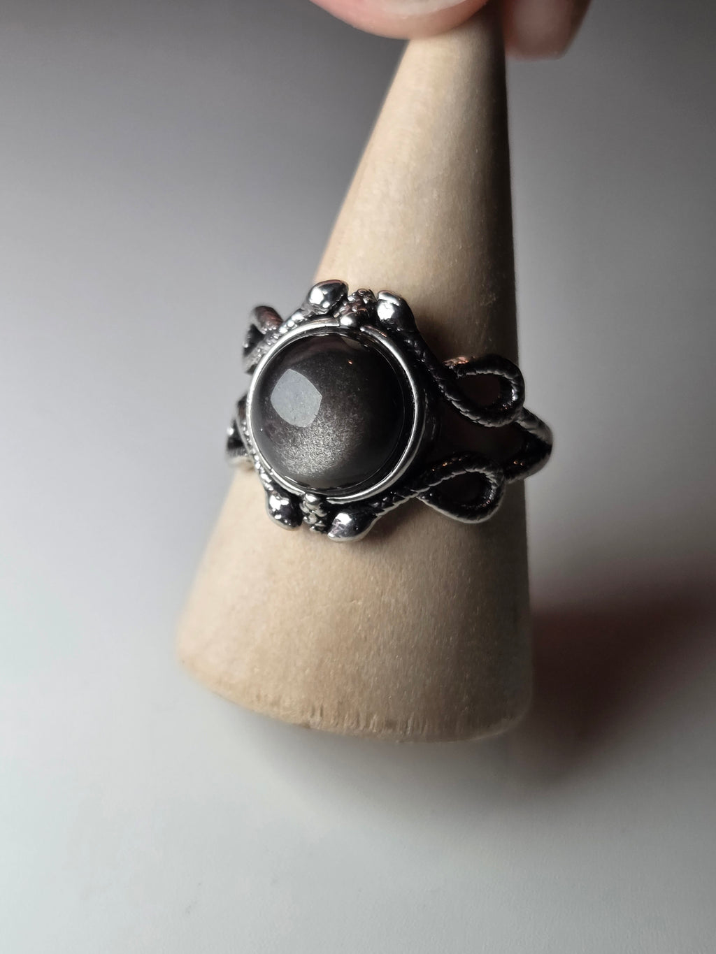 Silver sheen obsidian crystal adjustable ring