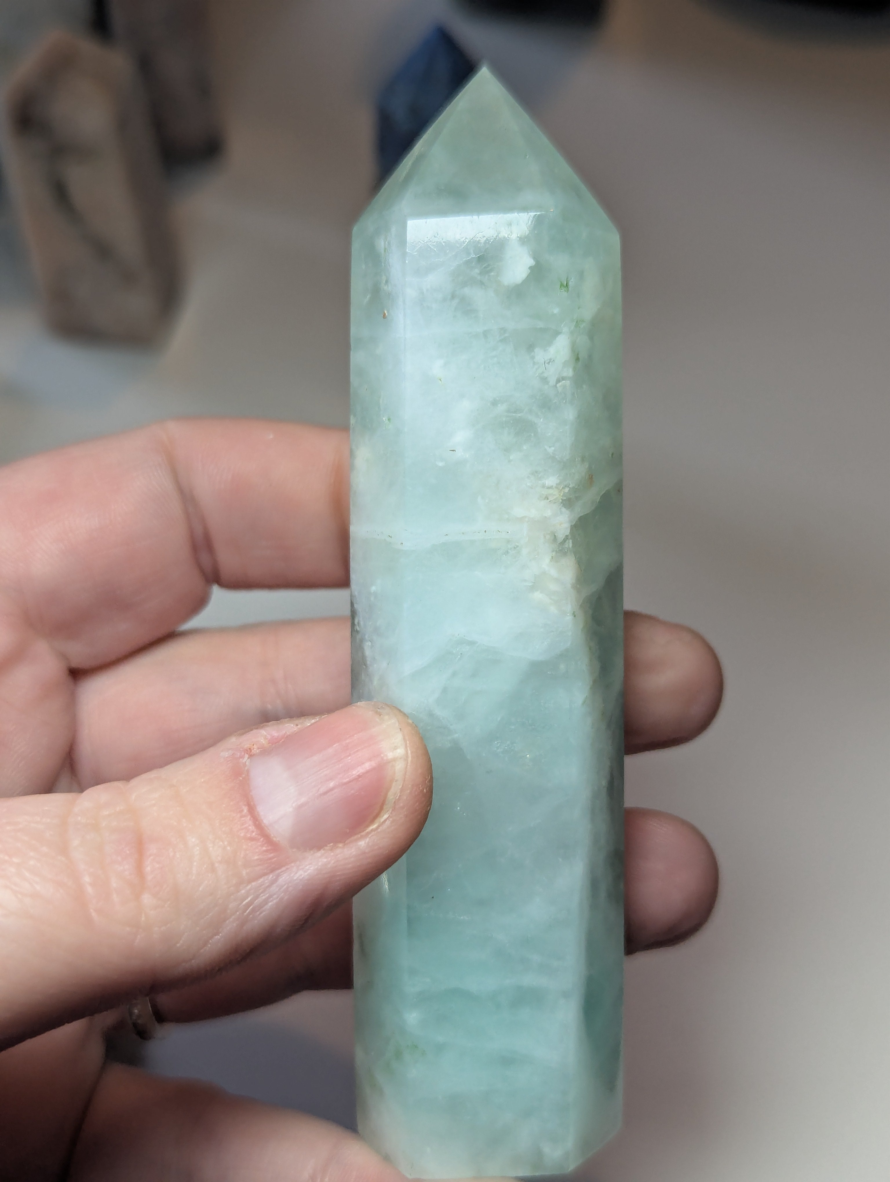 Green Flourite crystal tower carving