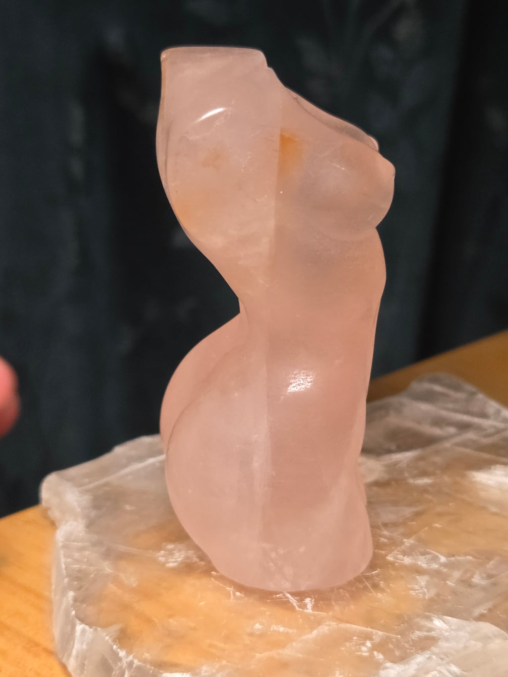 Rose quartz crystal female body carving with golden healer