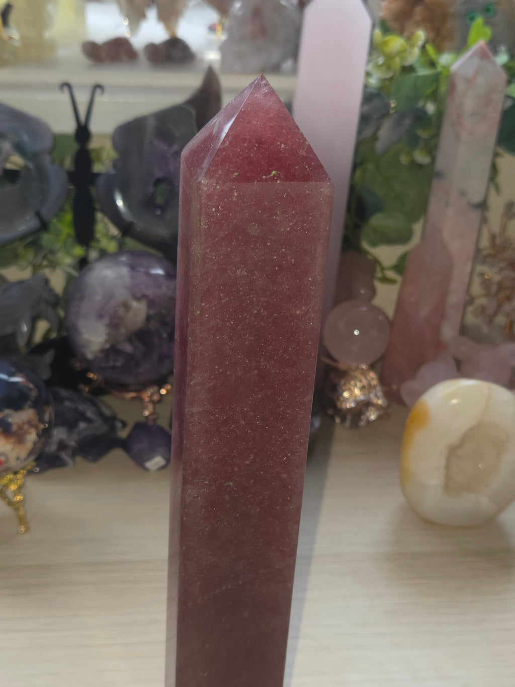 Xl strawberry quartz crystal tower carving