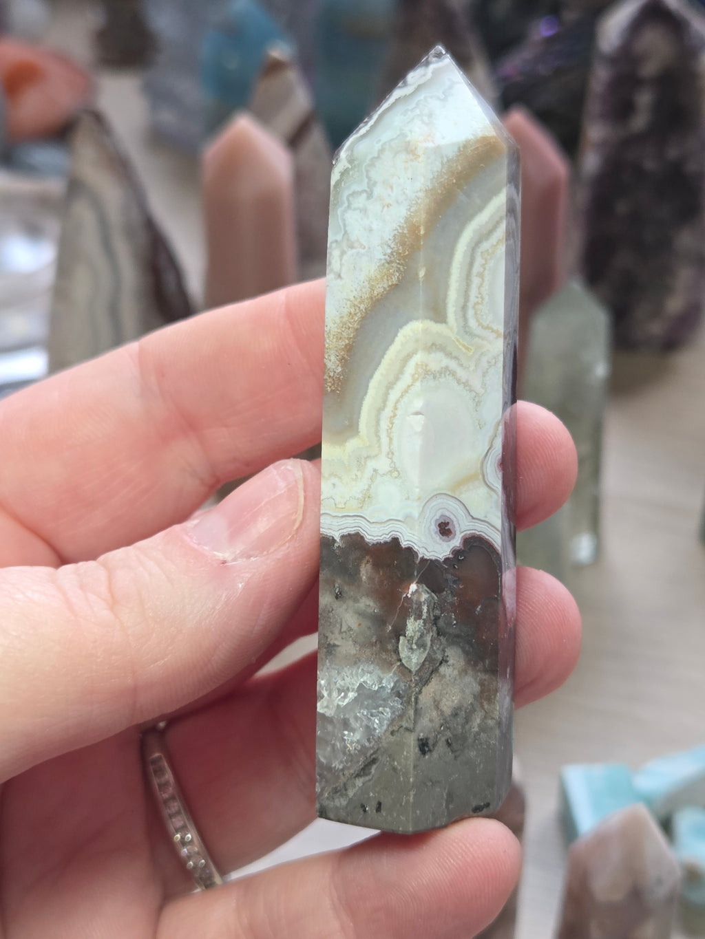 Mexican crazy agate crystal tower carving