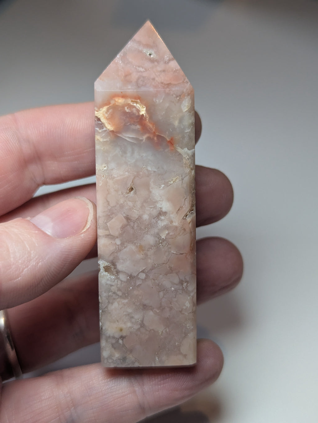Cotton candy pink agate crystal tower with imperfections