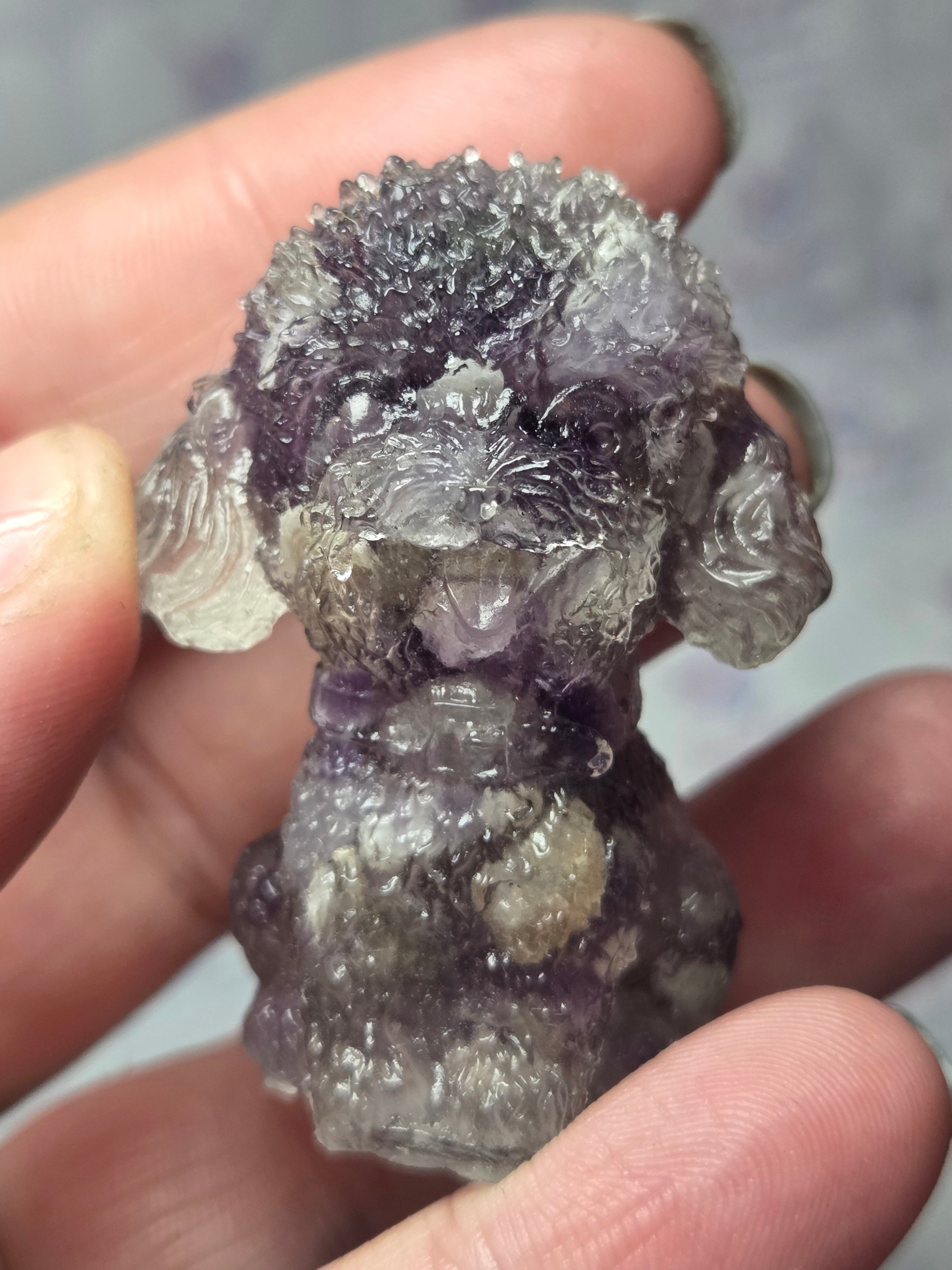 Amethyst crystal chips teddy dog carving