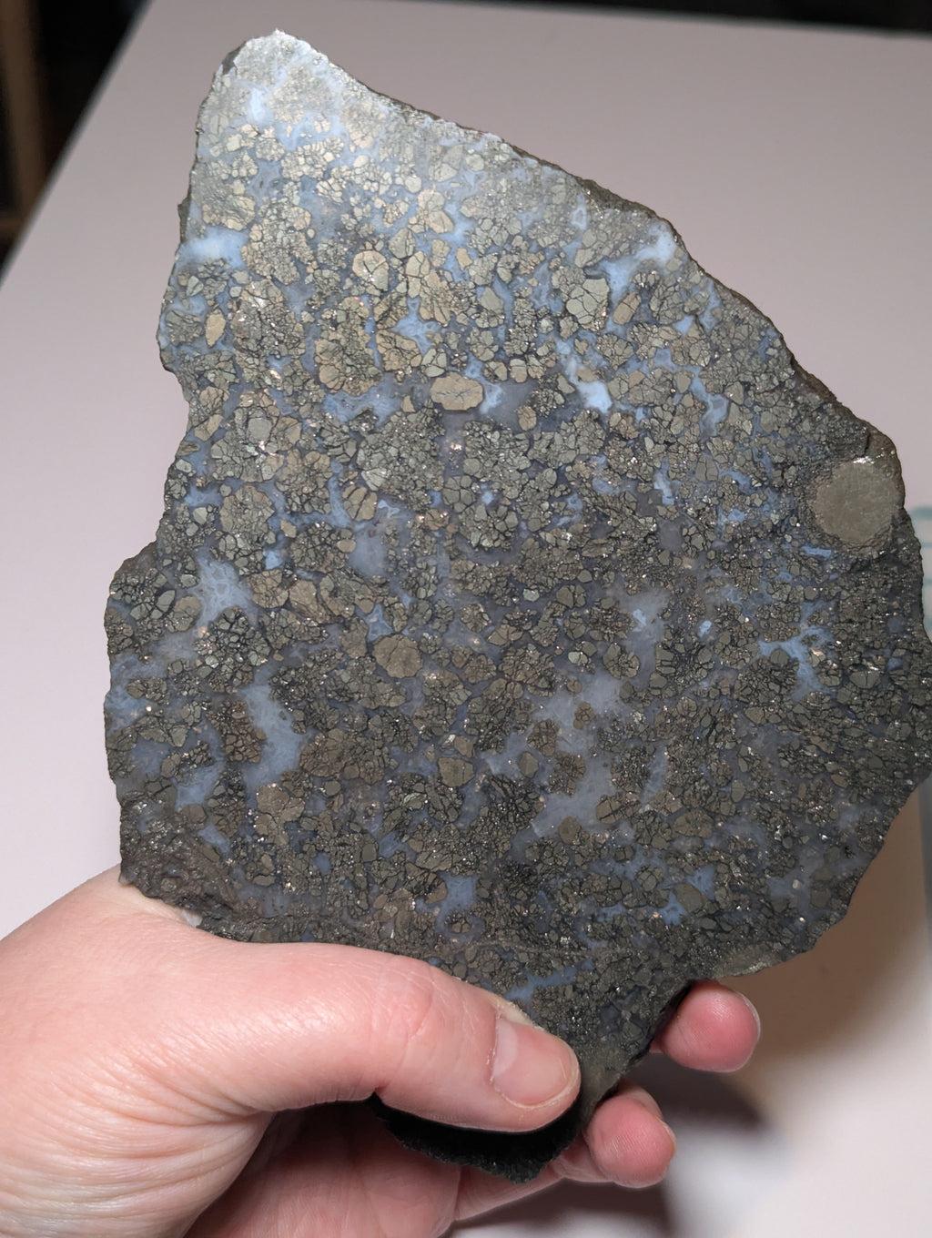 Pyrite with agate crystal slice with stand