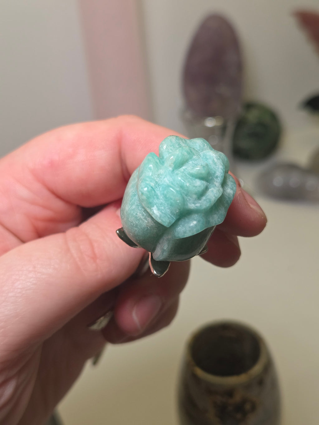 Amazonite crystal rose carving on a stem