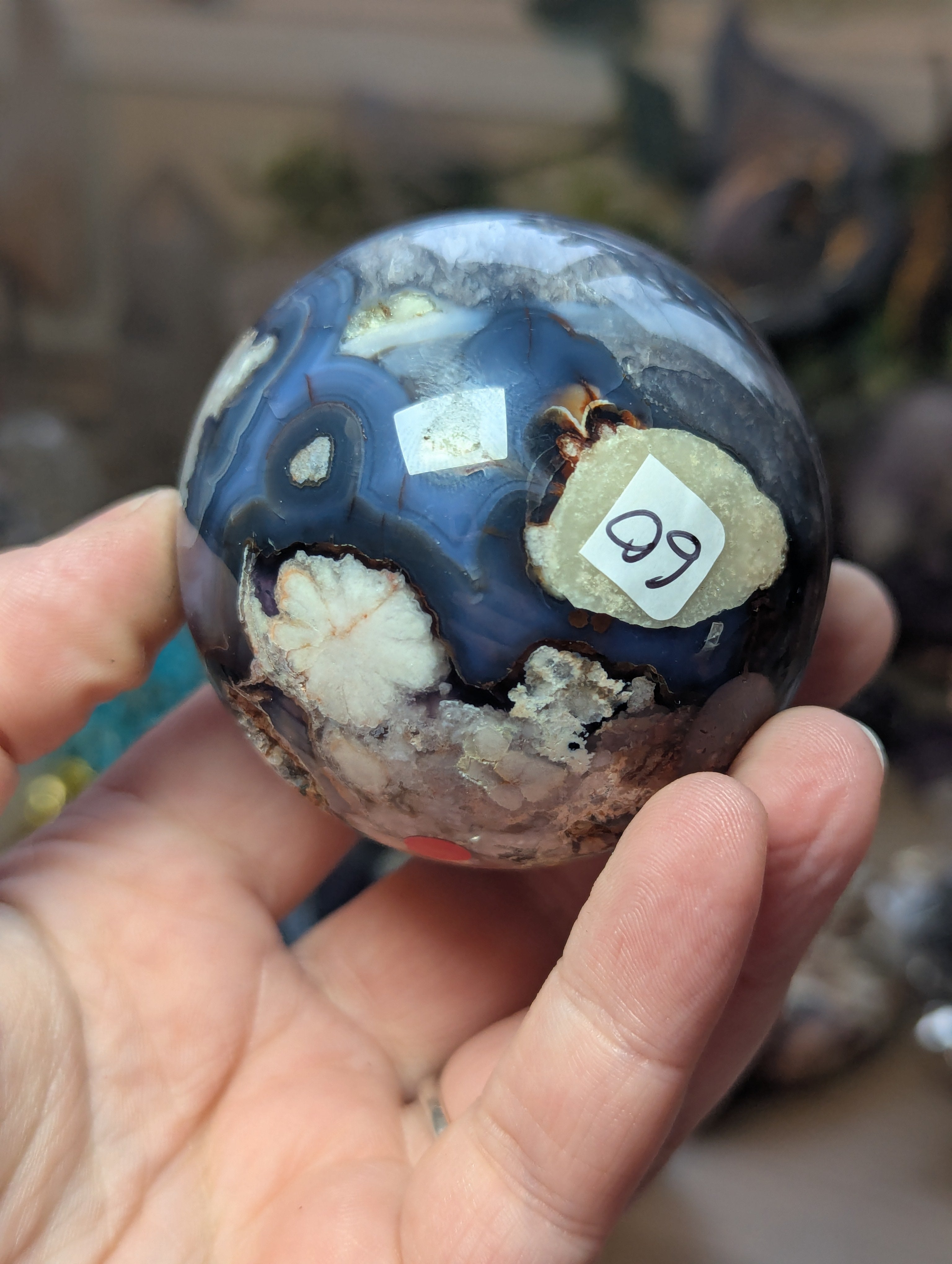 Blue  flower agate crystal sphere with stand