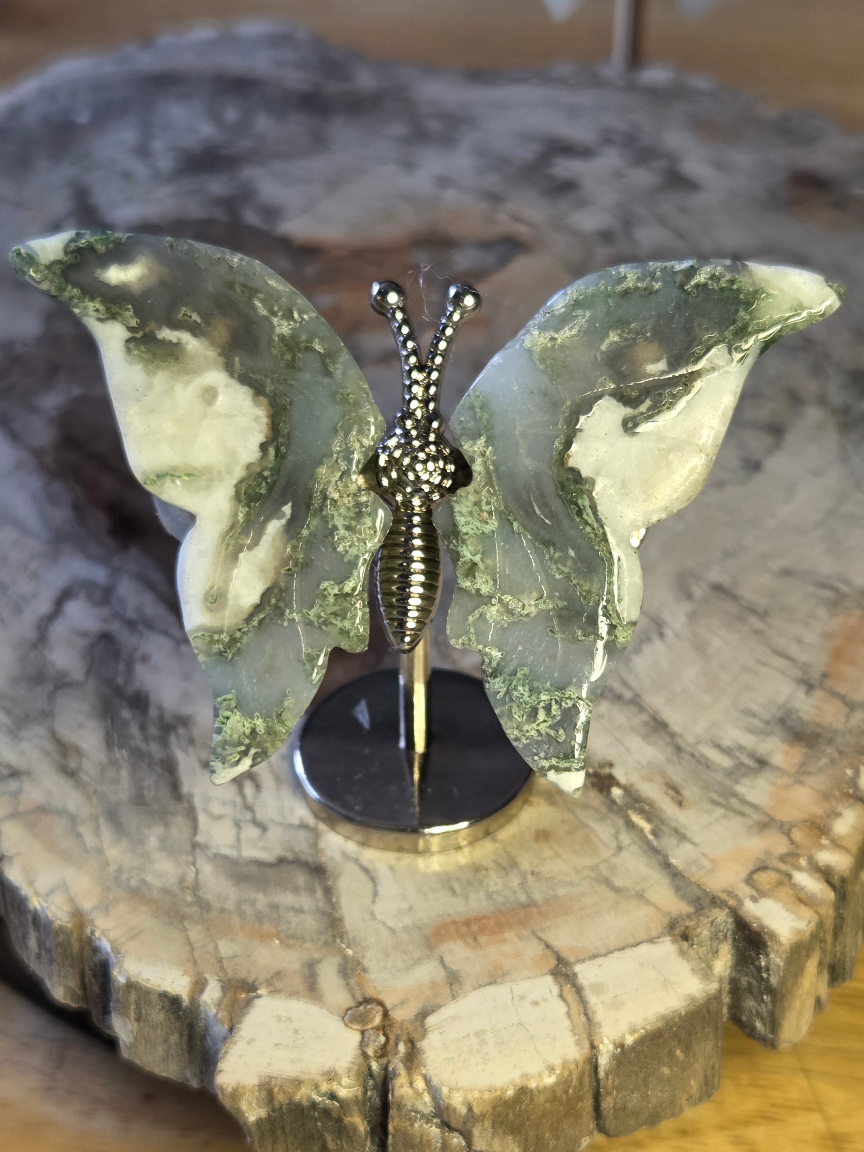 Moss agate crystal butterfly carving