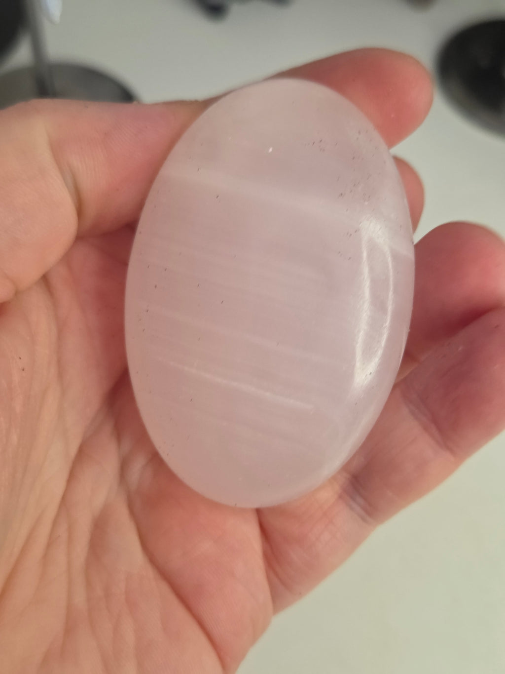 Pink Mango calcite crystal palm stone great UV