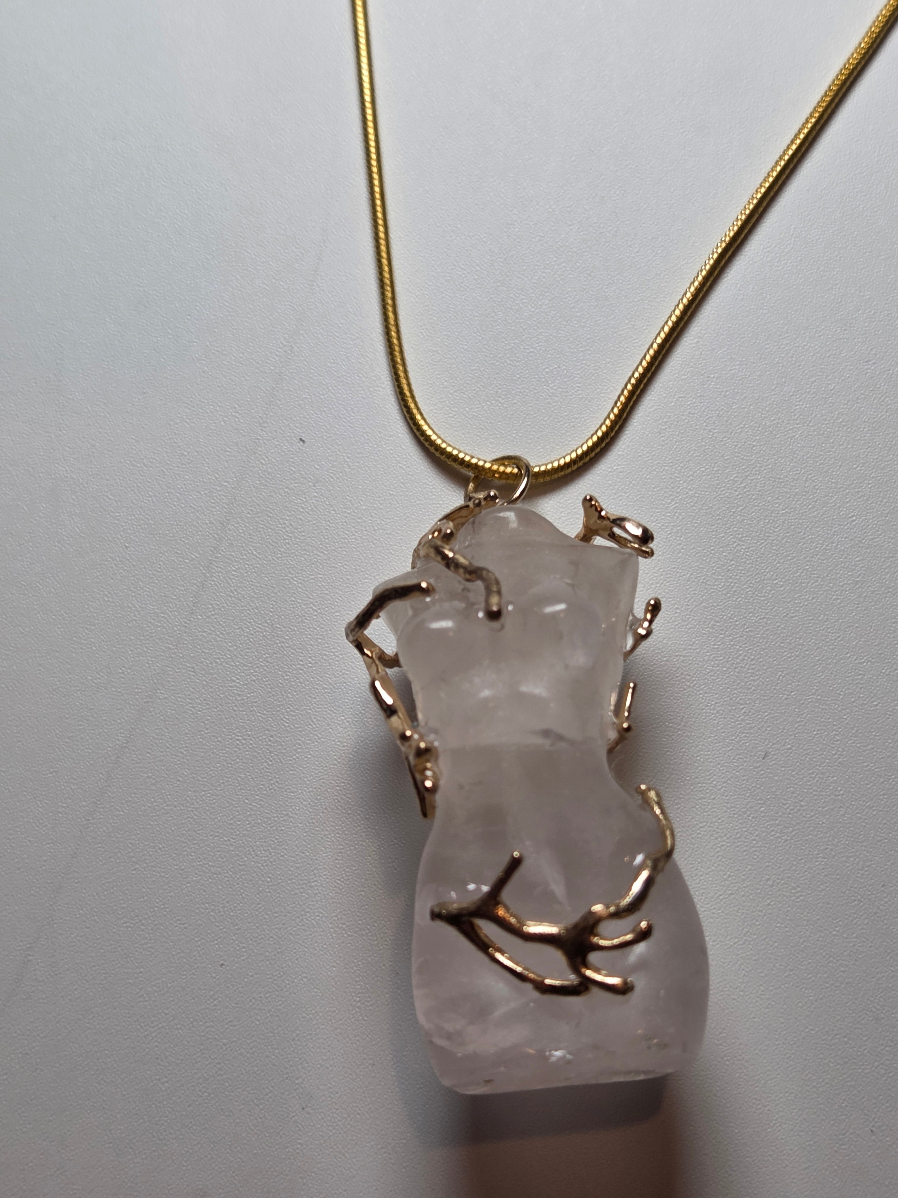 Rose quartz female body carving handmade necklace