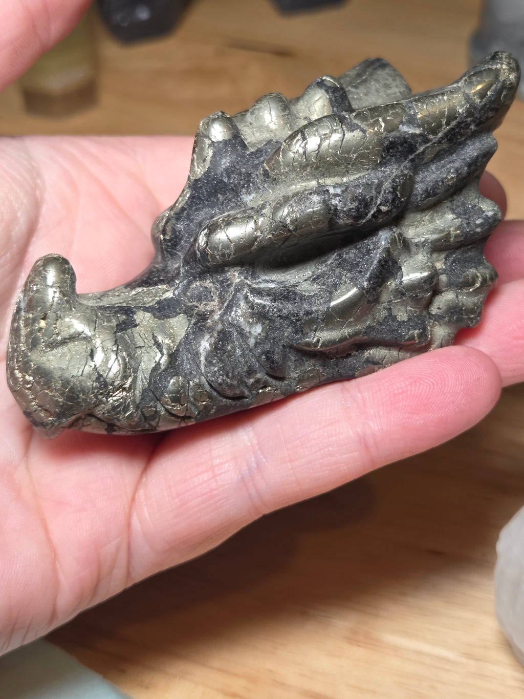 Medium pyrite crystal dragon head carving