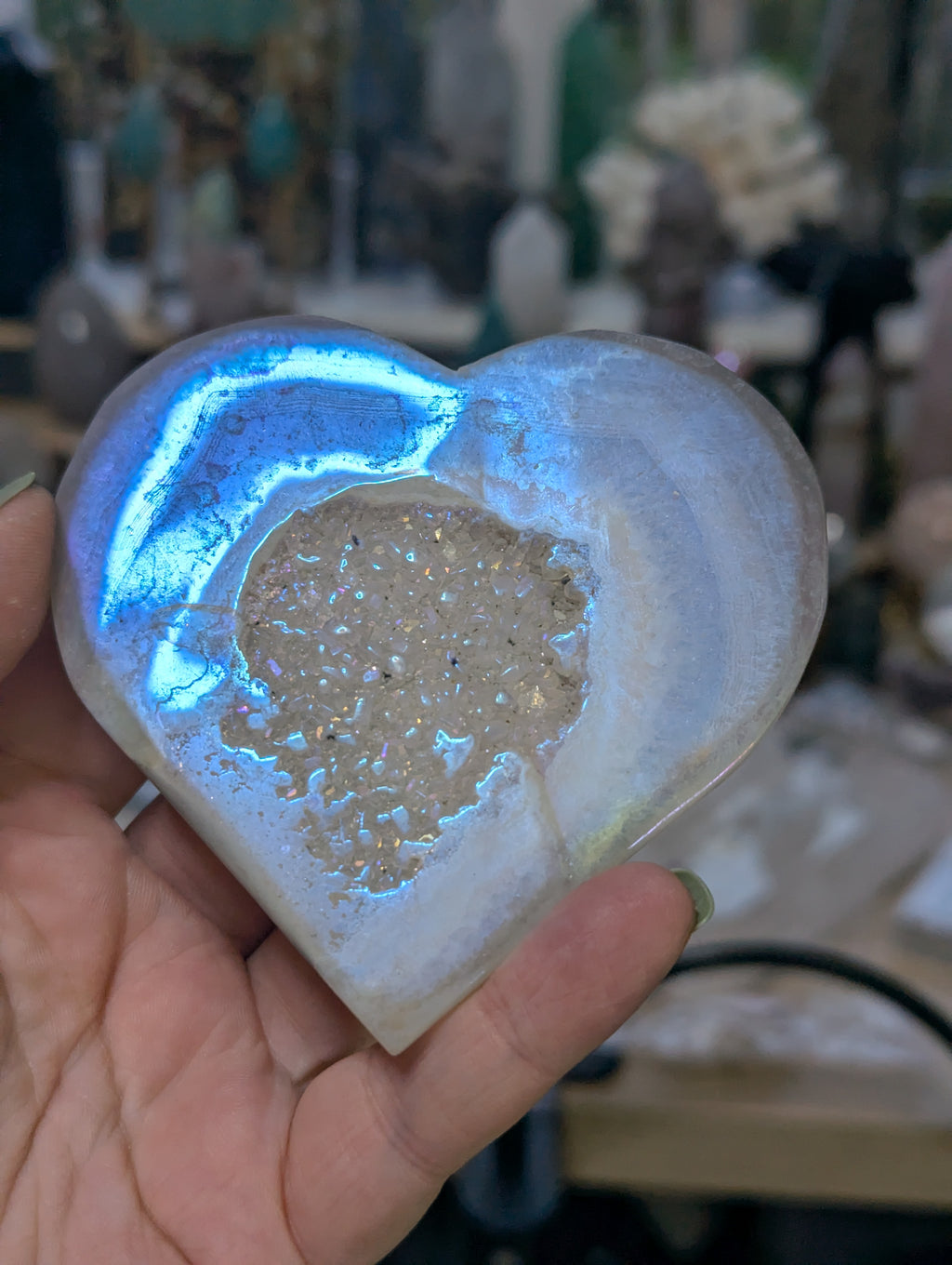 Aura agate crystal heart carving with Stand
