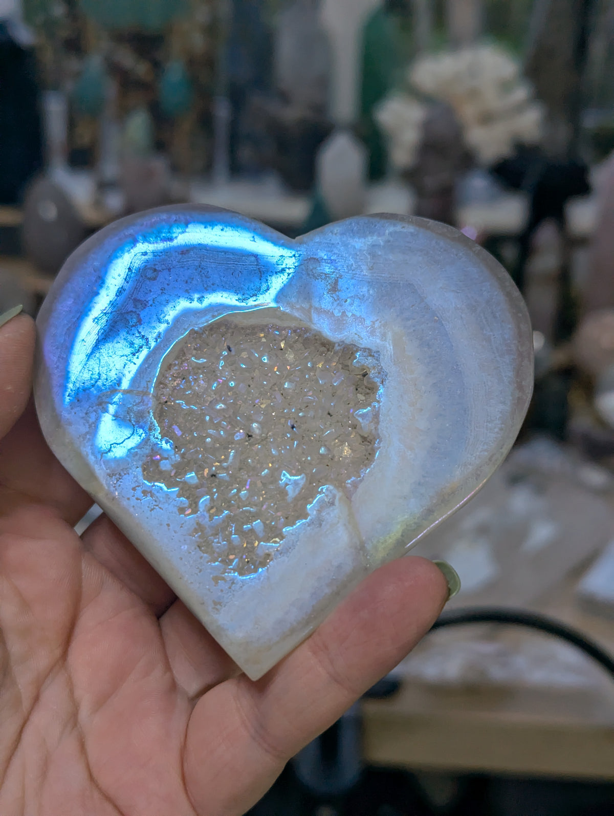 Aura agate crystal heart carving with Stand