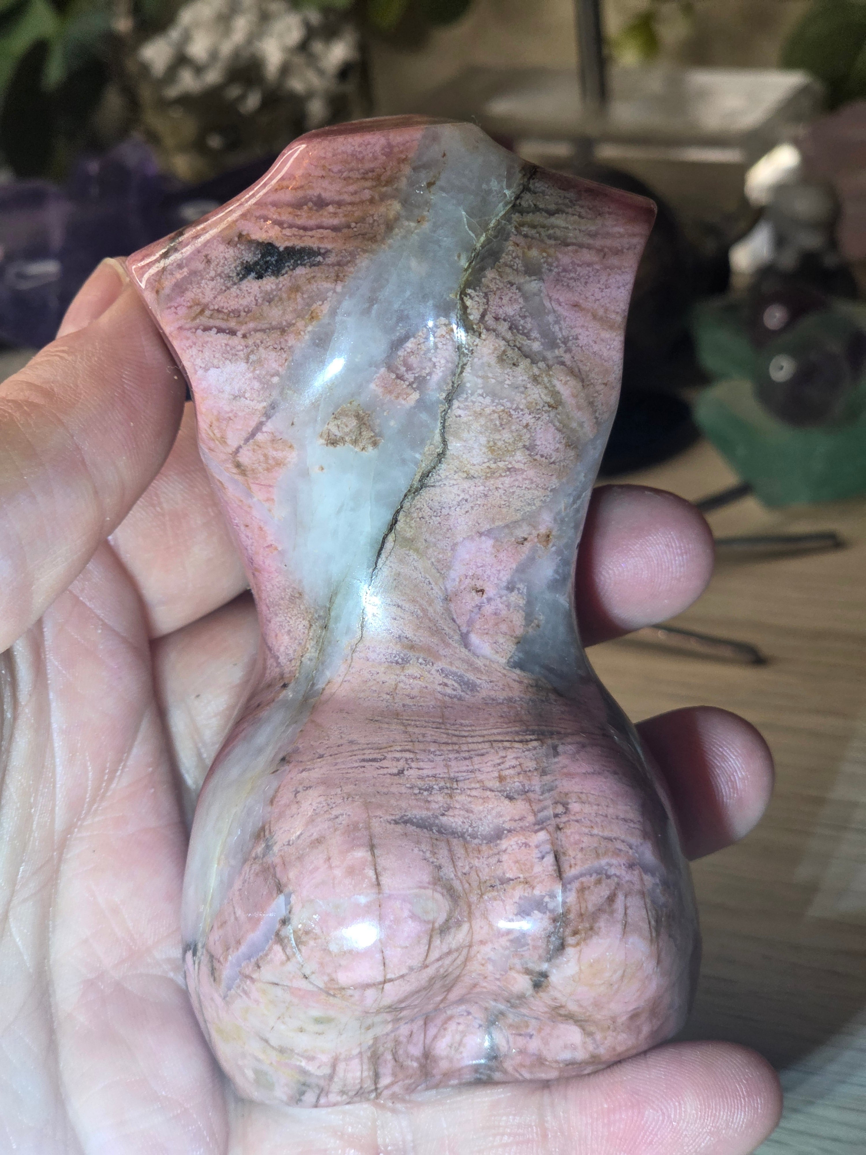 Rhodonite crystal female body carving