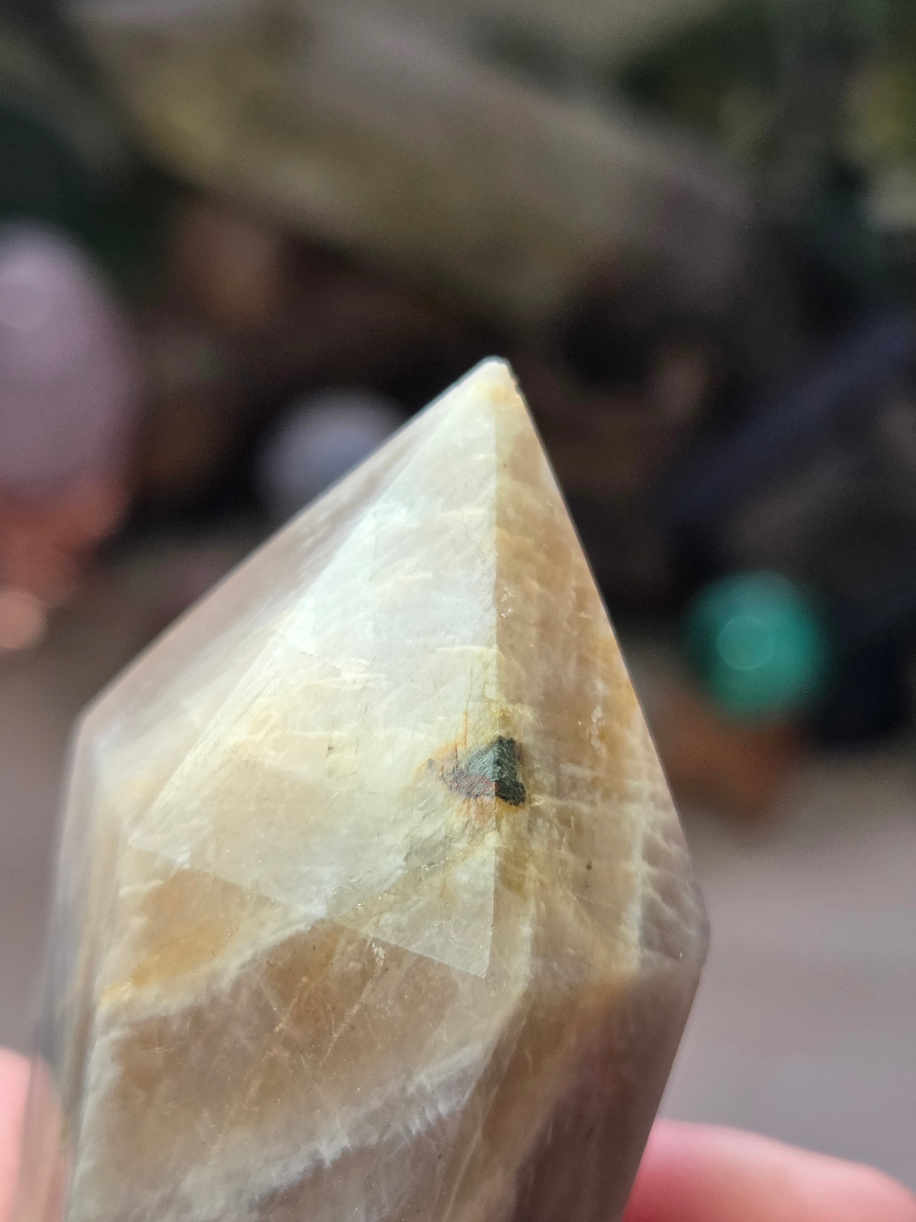 Rainbow moonstone and sunstone crystal wand carving with stand
