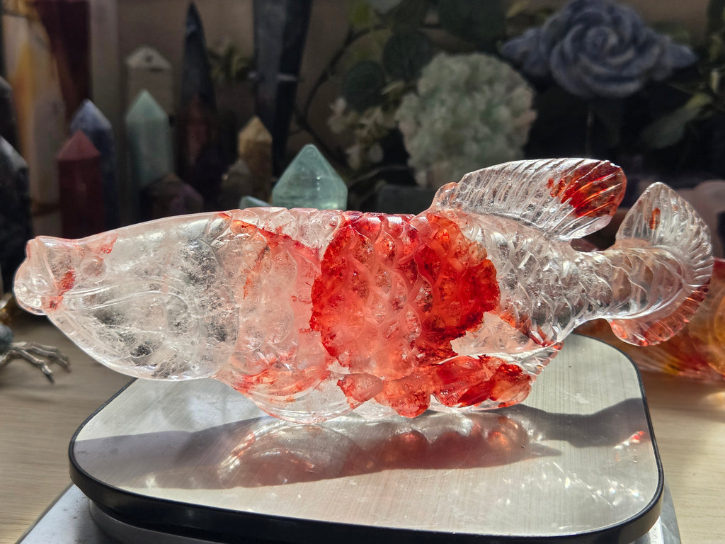 Madagascar fire quartz crystal fish carving