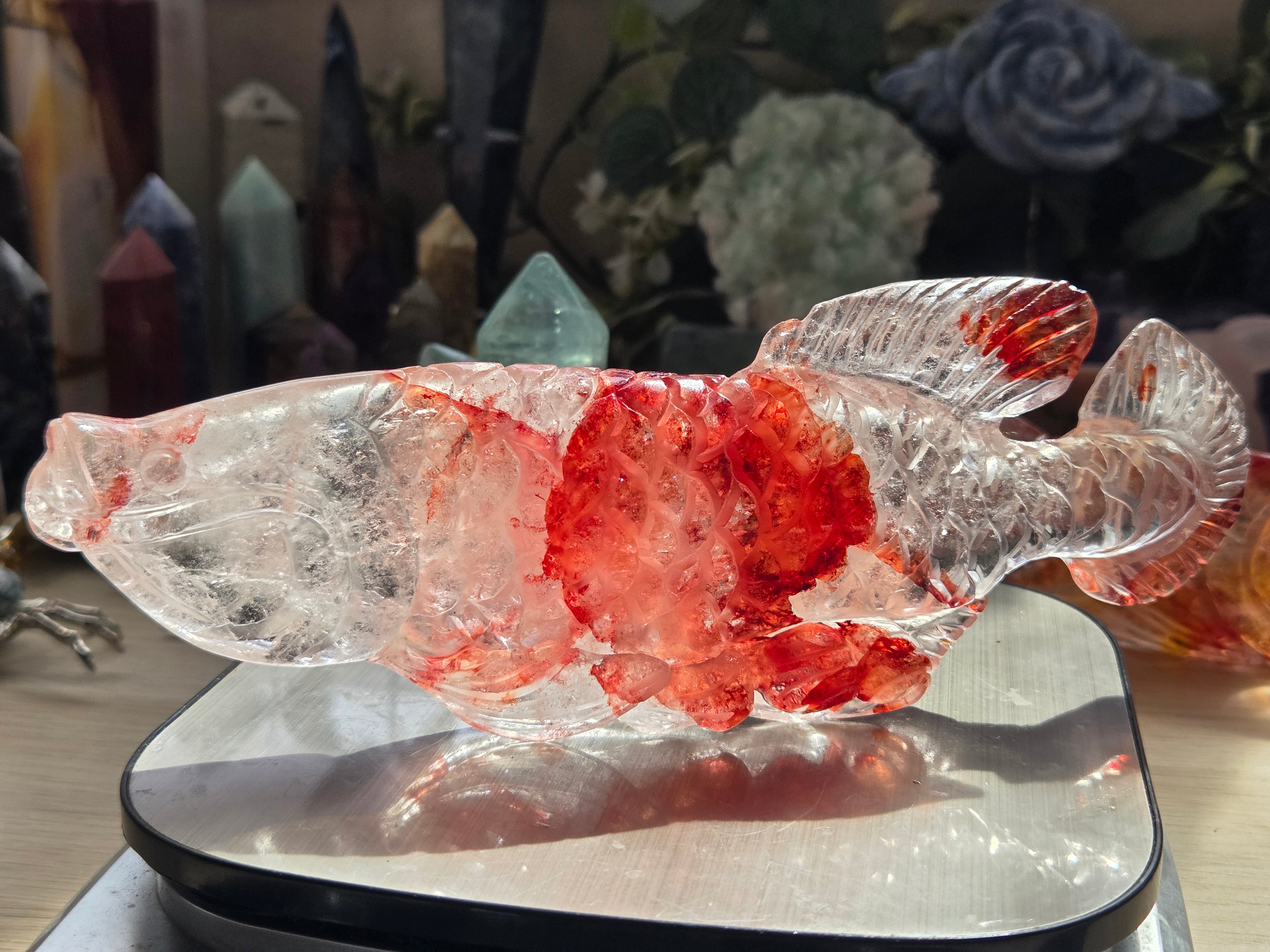 Madagascar fire quartz crystal fish carving