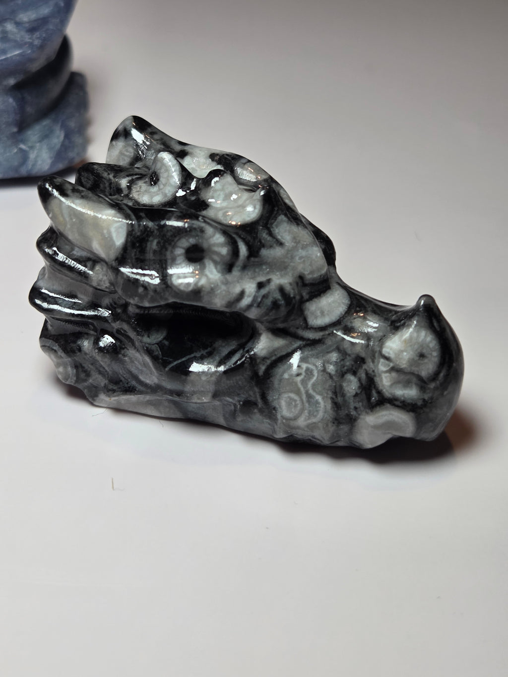 Fossil stone crystal dragon head carving