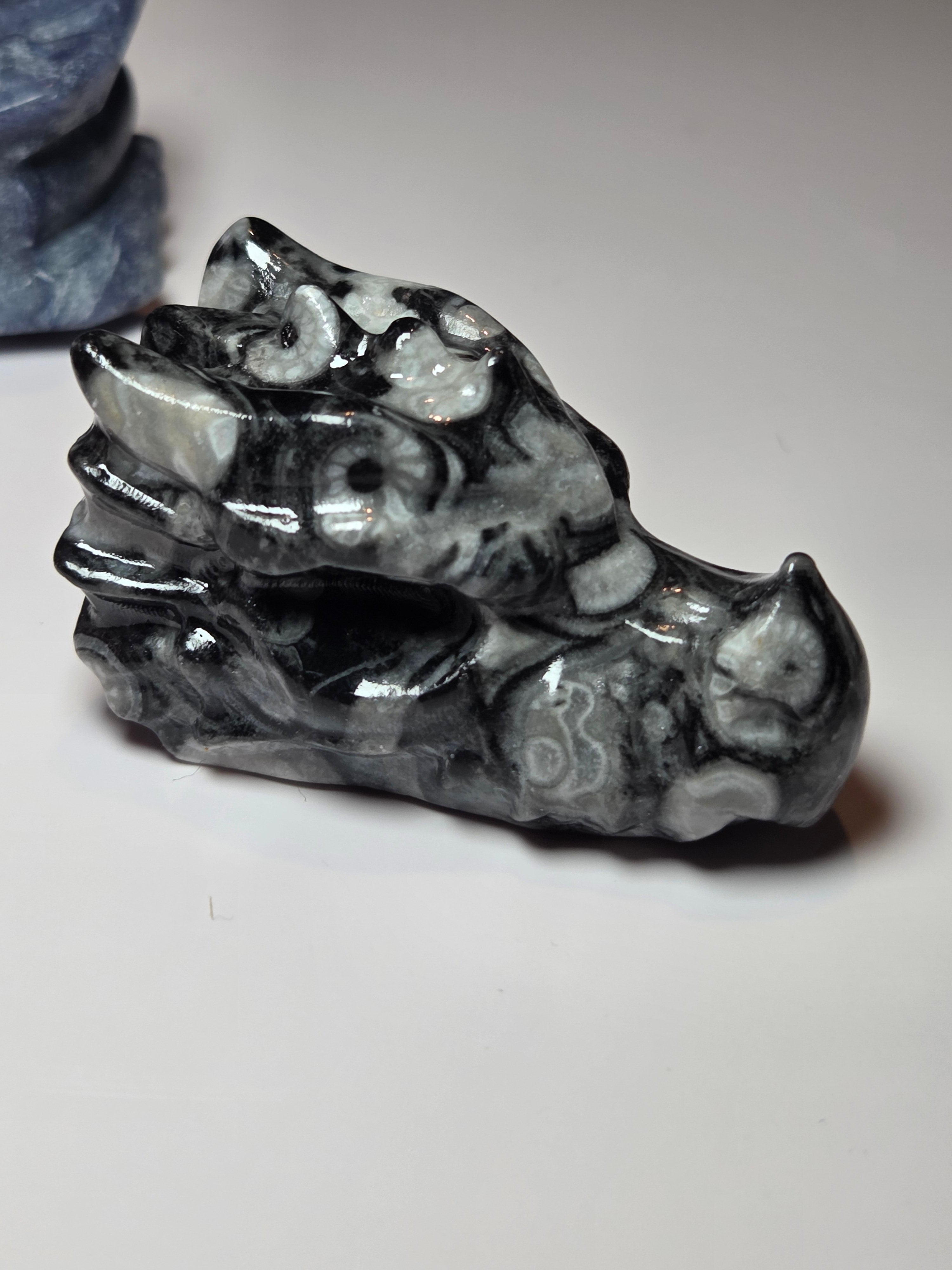 Fossil stone crystal dragon head carving