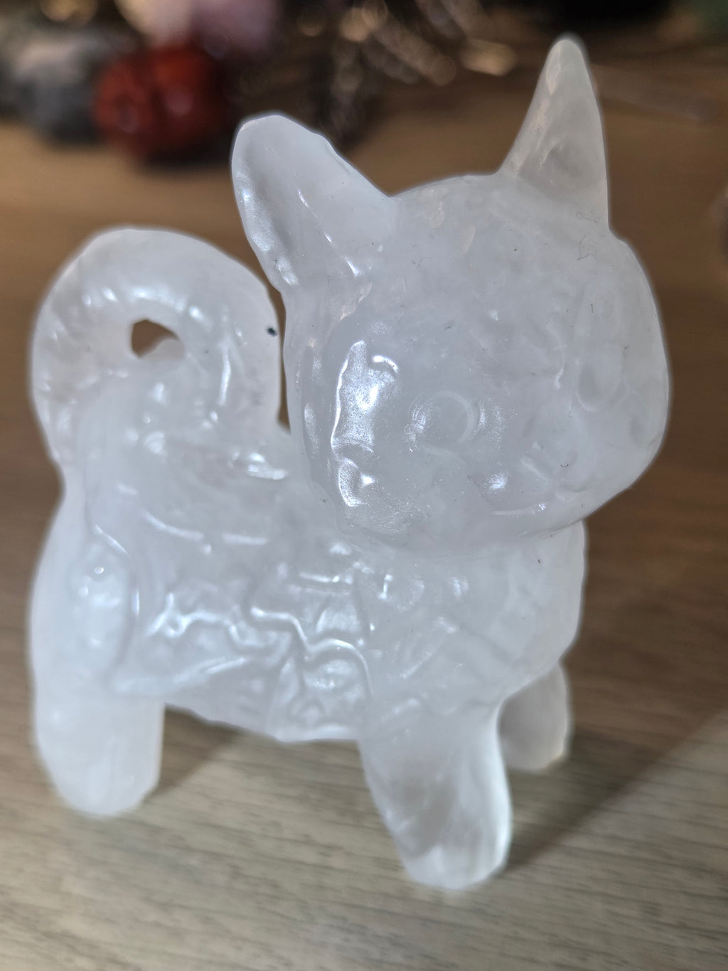 Clear quartz crystal cat carving