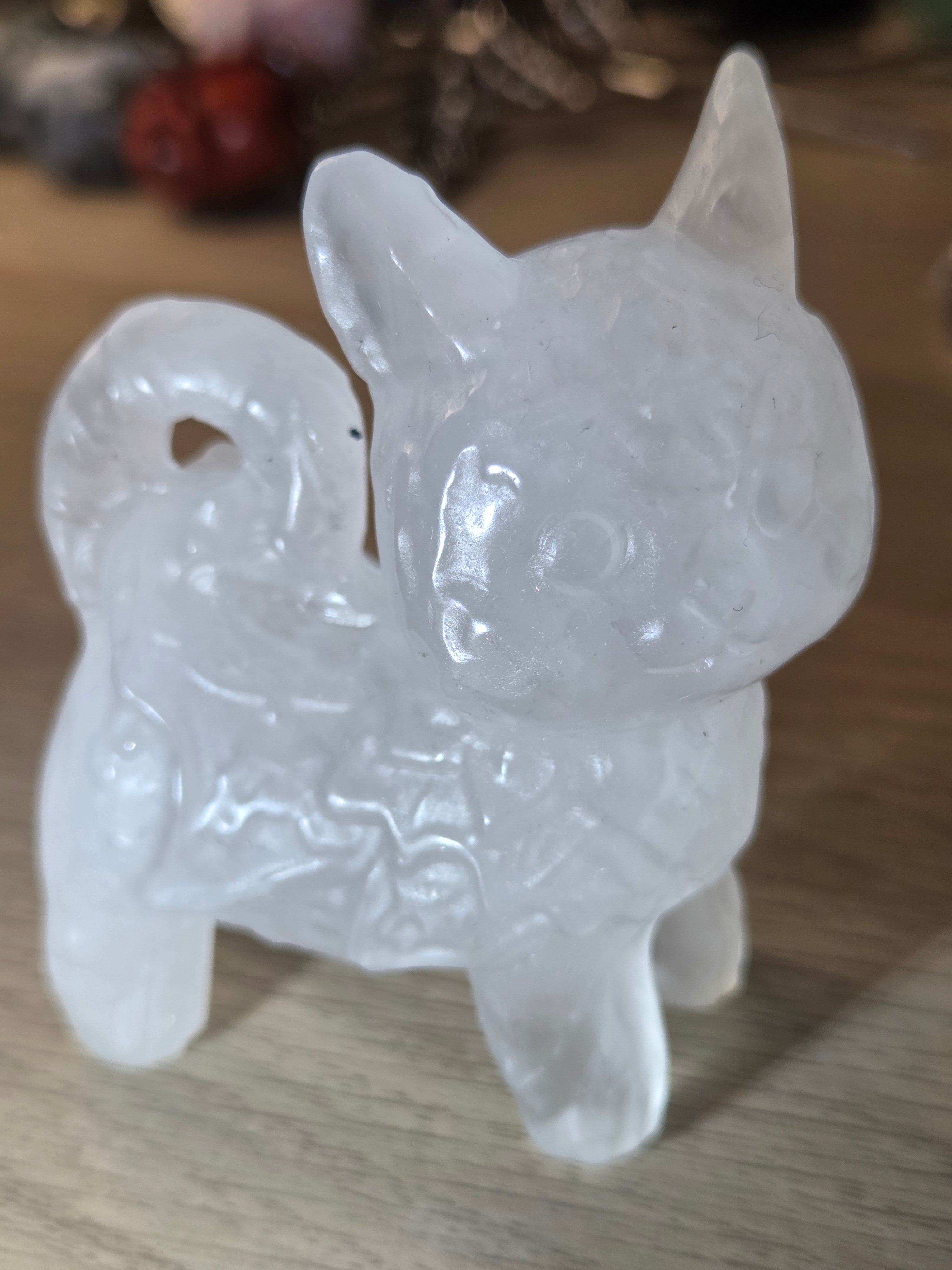 Clear quartz crystal cat carving
