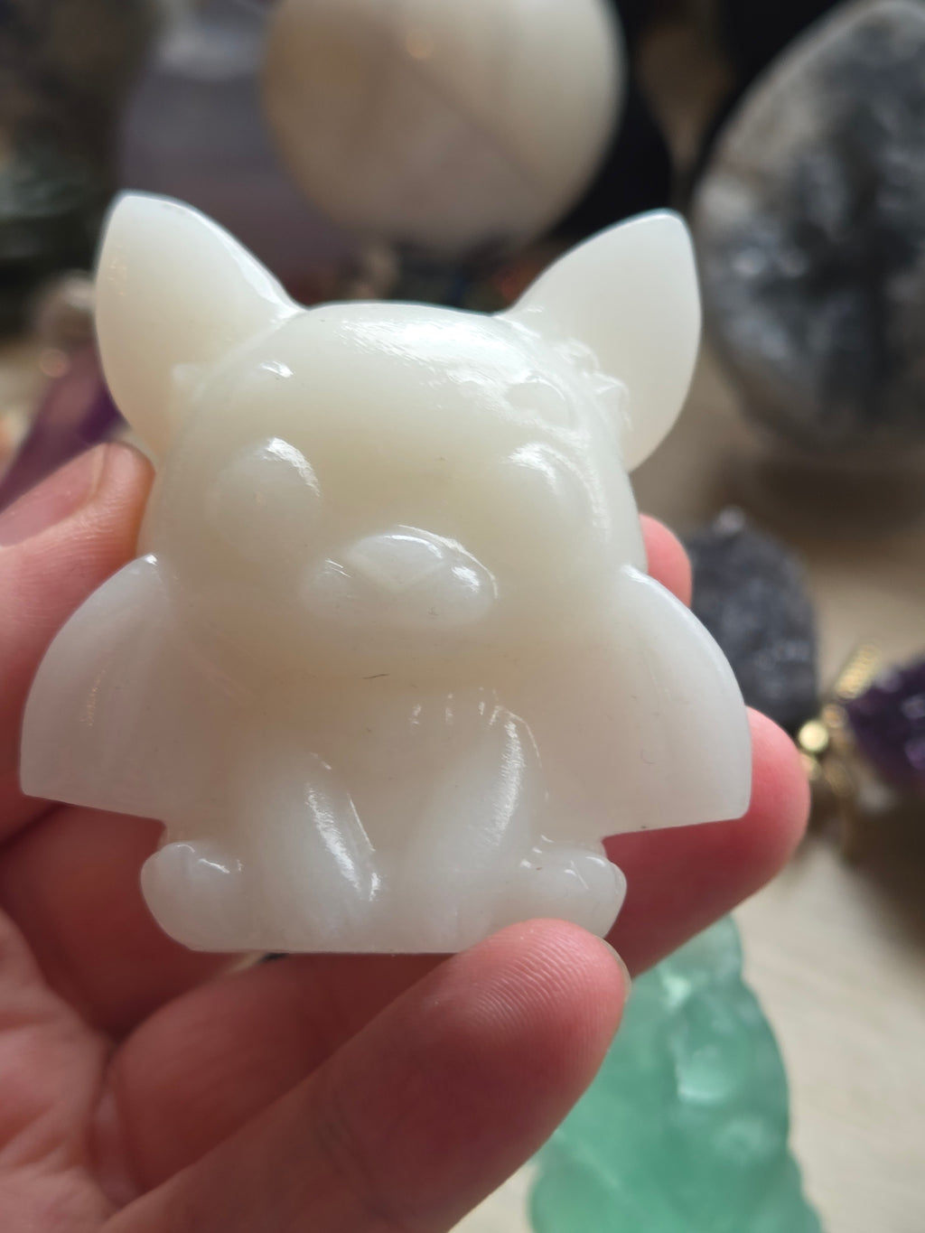 White jade crystal bat carving